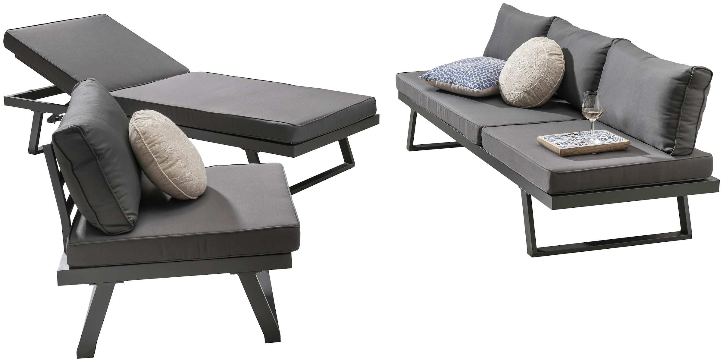 Destiny Gartenlounge-Set »MANHATTAN«, (Set, 13 tlg., 2x Schenkel, 1x Hocker, inkl. Auflagen, Ecklounge, variabel), Aluminium, Textilene, 1 Hocker/ Tisch 70x70x30 cm, inkl. Auflagen