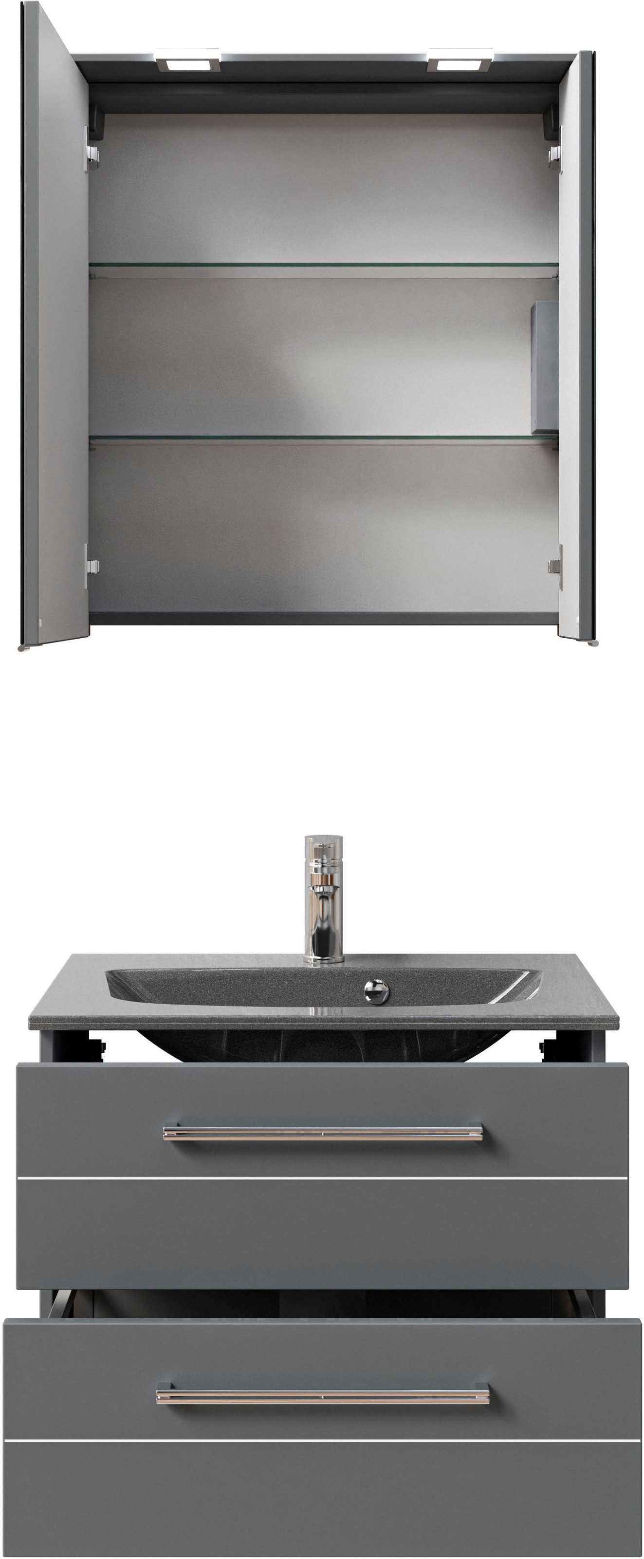 Saphir Badmöbel-Set »Serie 6025 2-teilig Mineralmarmor-Waschtisch mit LED-Spiegelschrank«, (2 St.), Waschplatz 67 cm breit, 2 Schubladen, 2 Spiegel-Türen, inkl Türdämpfer