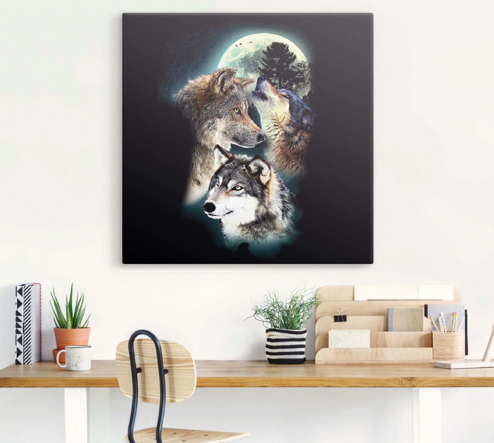 Artland Wandbild »Phantasie Wolf Wölfe mit Mond«, Wildtiere, (1 St.), als Leinwandbild, Poster, Wandaufkleber in verschied. Größen