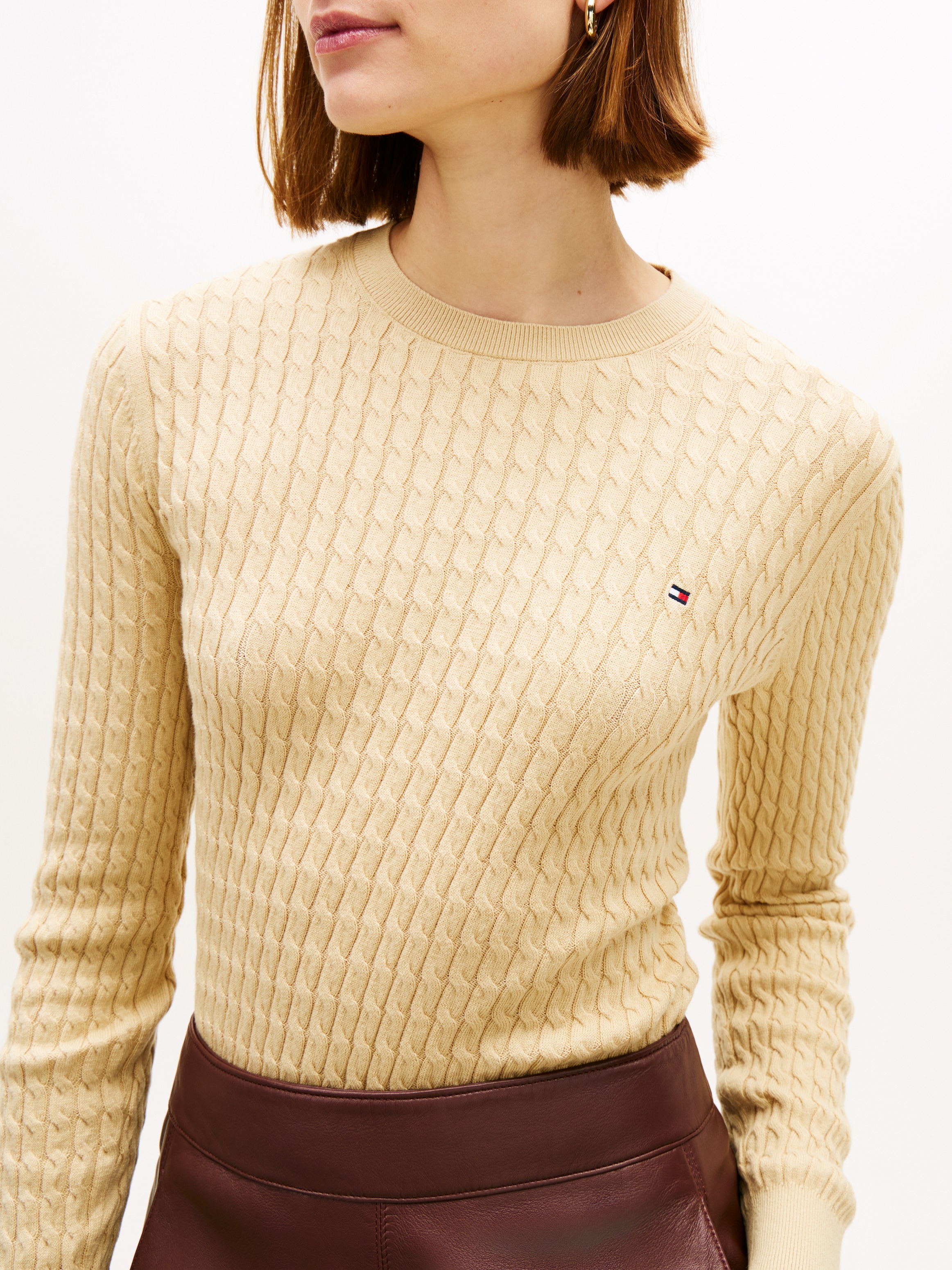 Tommy Hilfiger Rundhalspullover »CO CABLE C-NK LS SWEATER« Baumwolle, mit Zopfmuster, Regular Fit