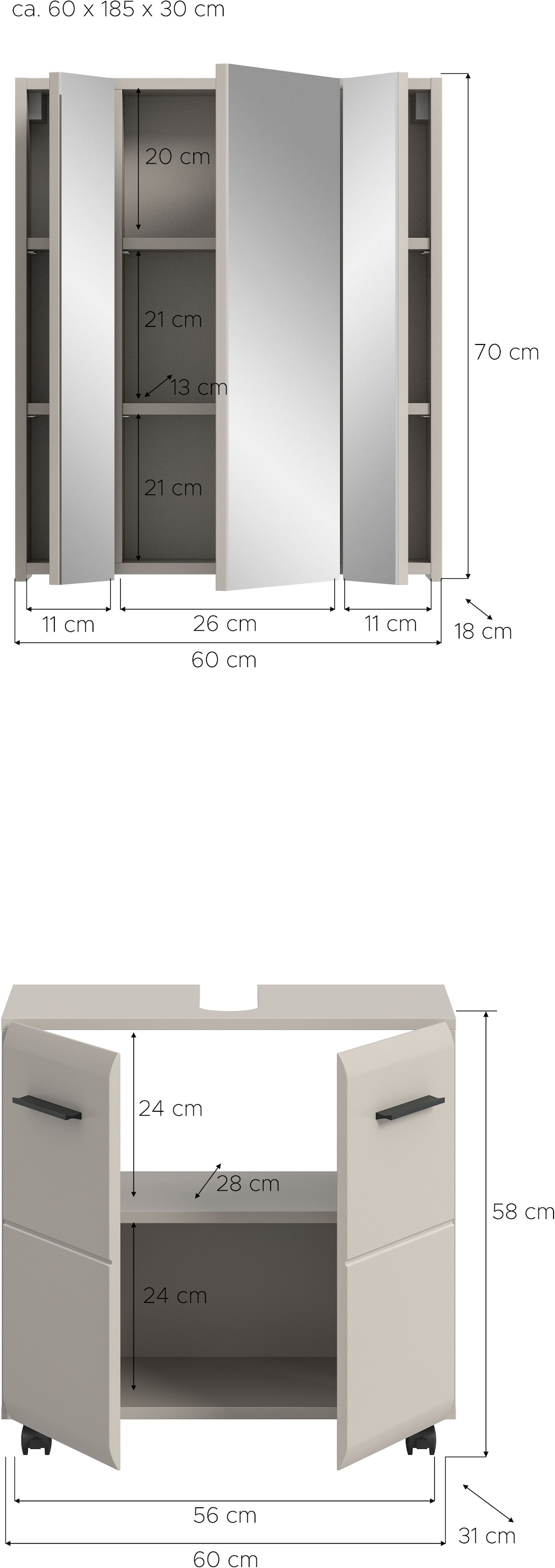 INOSIGN Badmöbel-Set »FLORENZ, 2-tlg. Bad-Kombination, hochwertige MDF-Front« best. aus: 1 Spiegelschrank, 1 Waschbeckenunterschrank, 3 Stk. tlg.