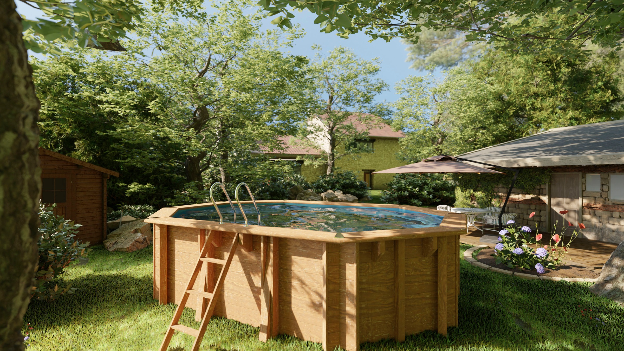 Gre Achteckpool »SAFRAN 2 mit Edelstahlleiter« Kiefernholz, BxLxH: 395x620x136 cm