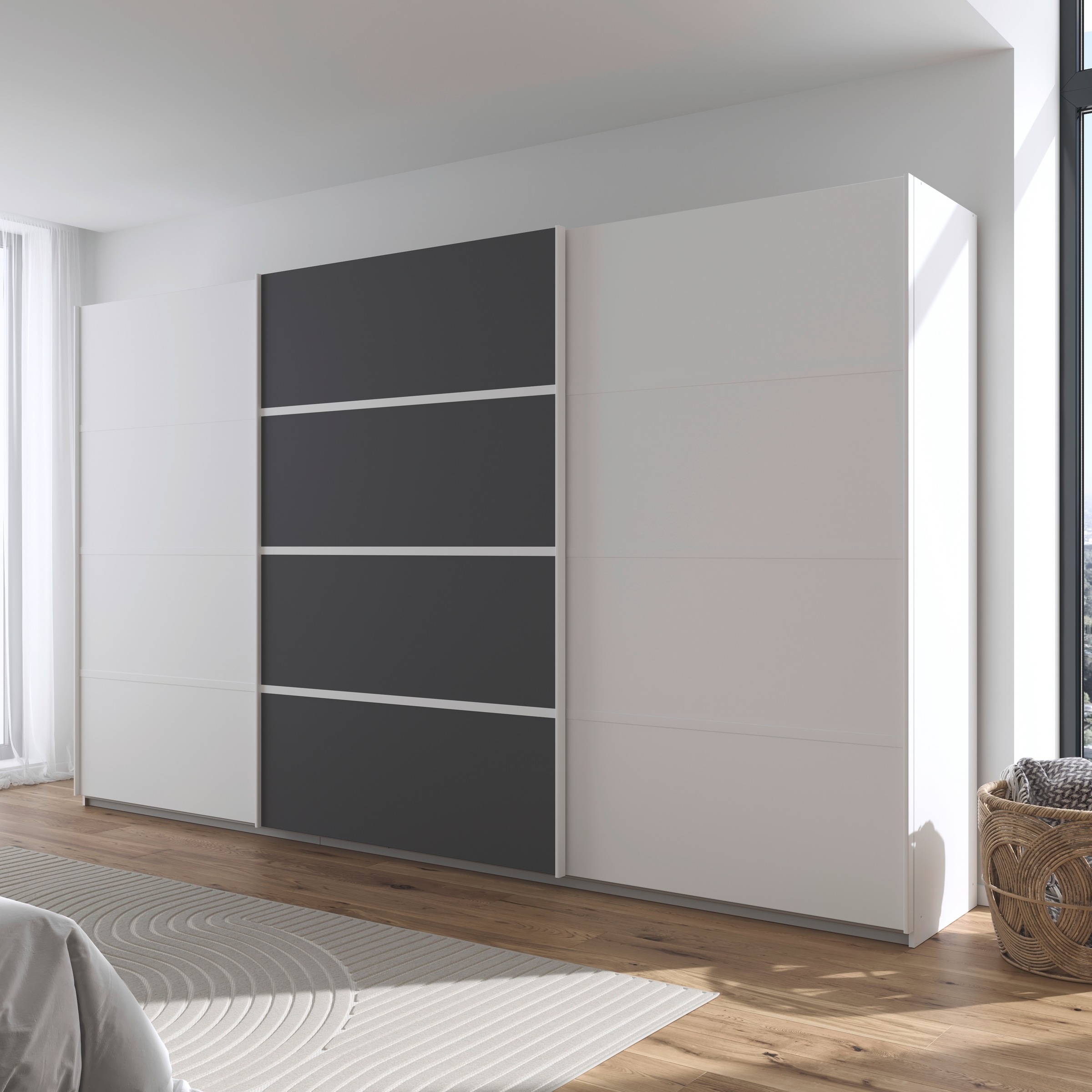 rauch Kleiderschrank »Schwebetürenschrank OTTO´s Choice Garderobe Schrank TOP ANGEBOT Avola«, (in 3 verschiedenen Ausstattungen BASIC/CLASSIC/PREMIUM), mit eleganten Zierleisten in Chrom, Schwarz oder Weiß MADE IN GERMANY