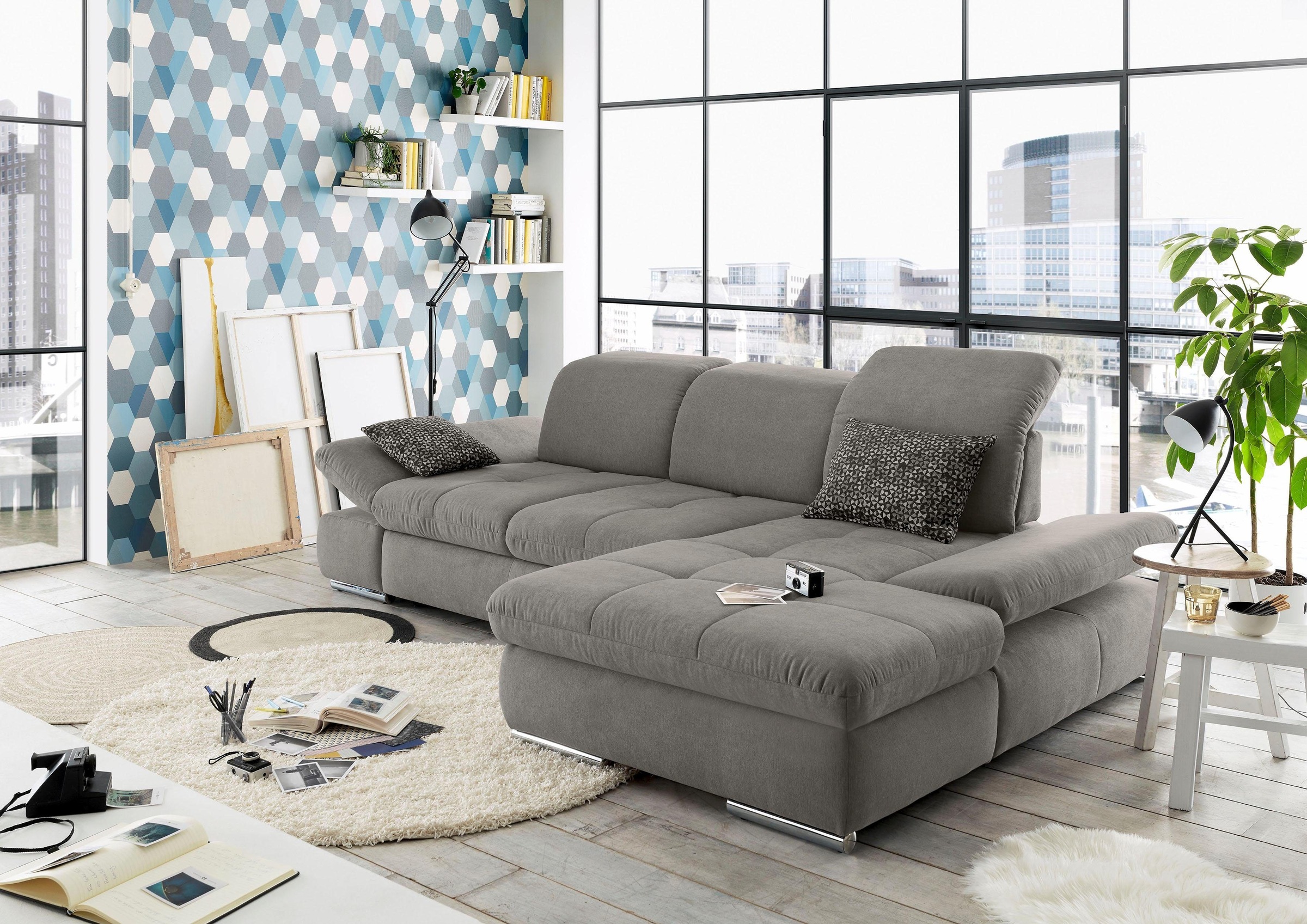 set one by Musterring Ecksofa »SO4100 V«, mit verstellbaren Kopfteilen, wahlweise mit Funktionen, Cord-Bezug