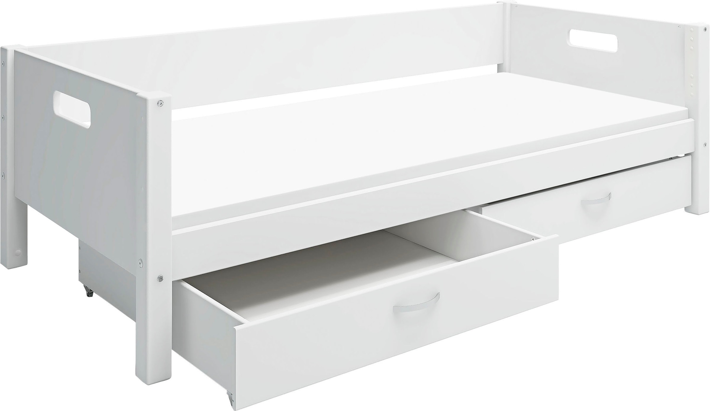 Einzelbett, Nordic produziert bei Flexa, incl Rollrost, weiß + weiß + weiß Hintere Absturzsicherung in MDF-Schubladensatz mit 2 Stück