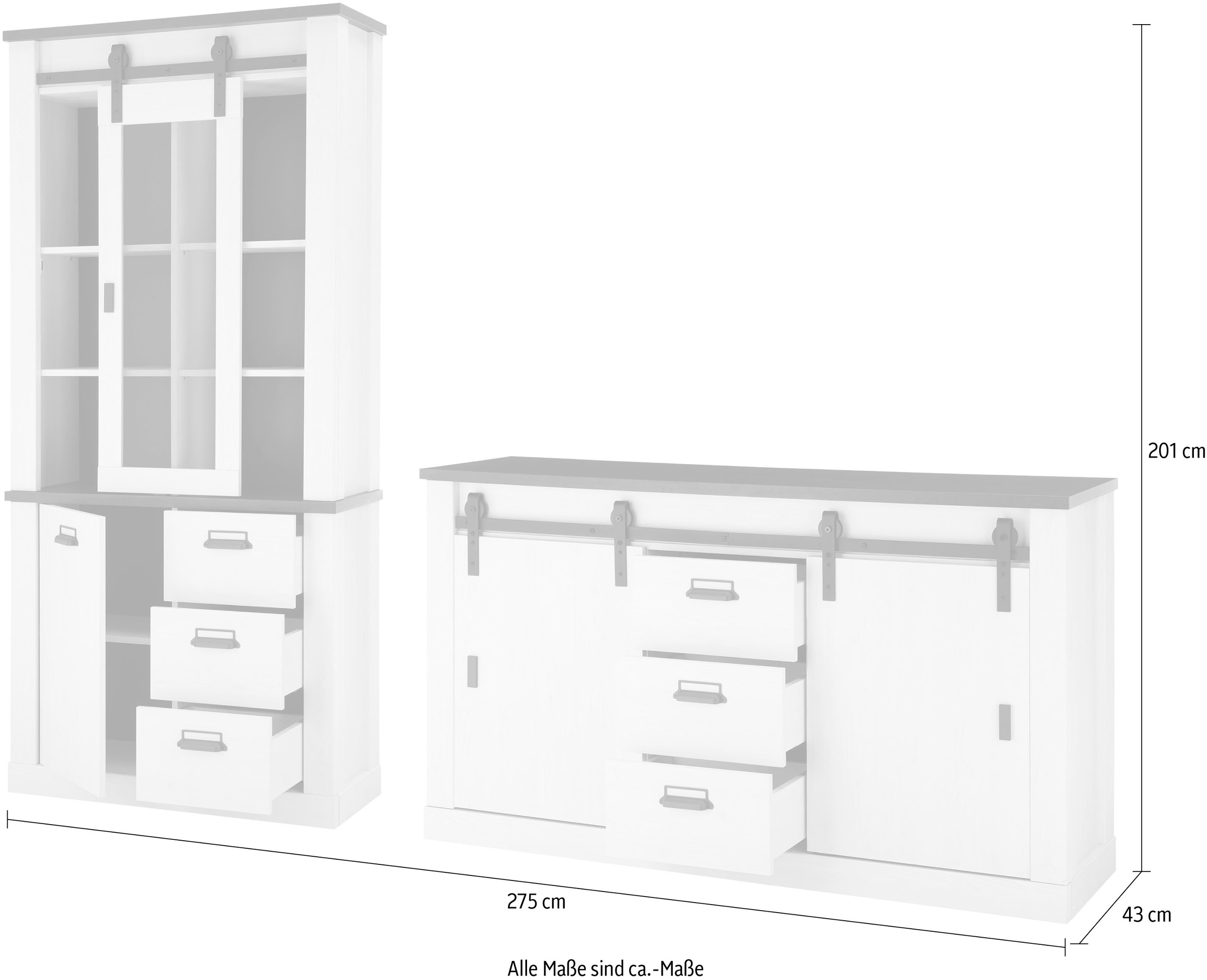 Home affaire Wohnwand »SHERWOOD«, (2 St.), Scheunentorbeschlag und Apothekergriffe aus Metall, Höhe 201 cm