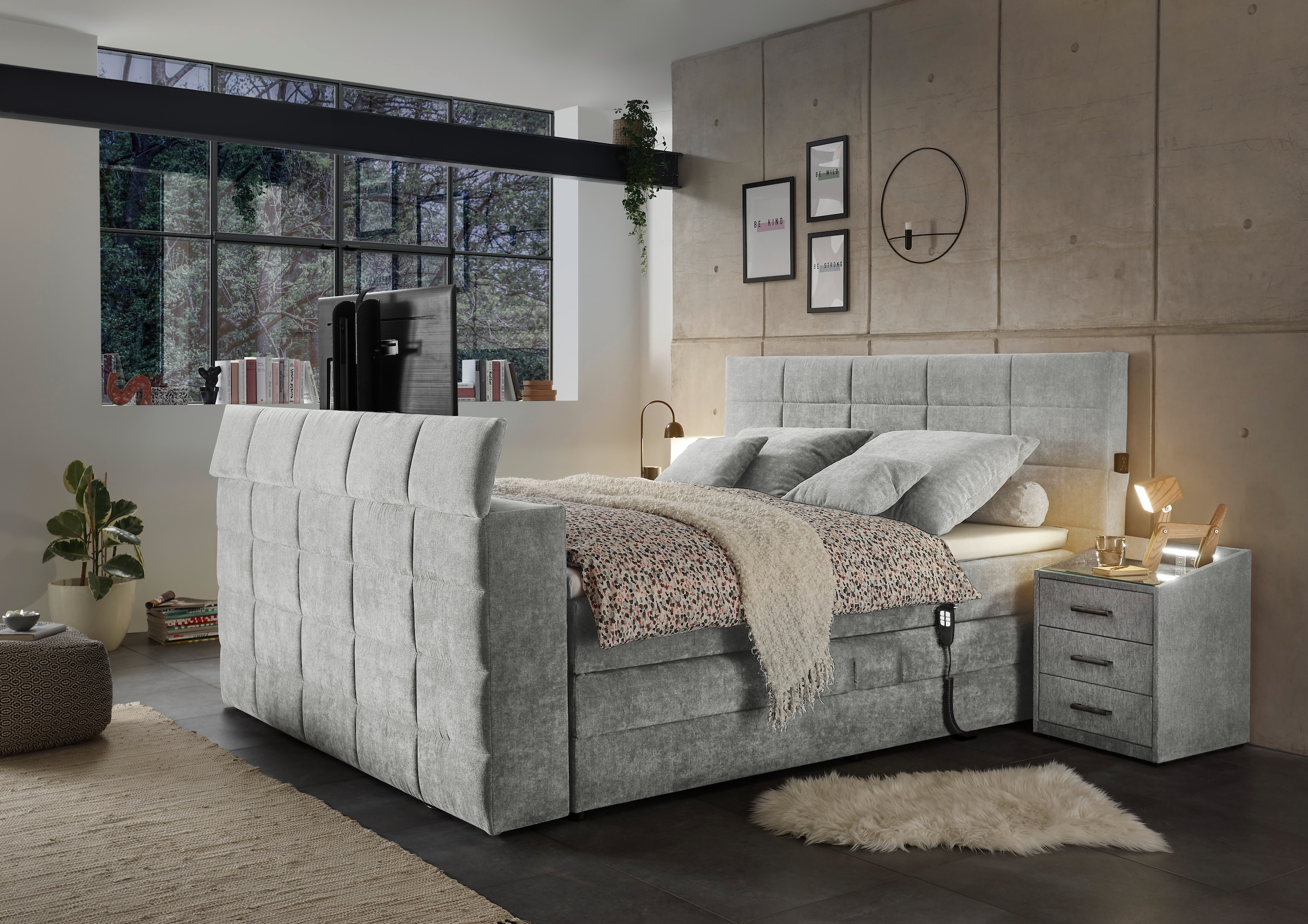 ED EXCITING DESIGN Boxspringbett »Denver«, inkl. Motorverstellung, Duo-Matratze, Topper, und motorisierter TV-Halterung bis 40 Zoll