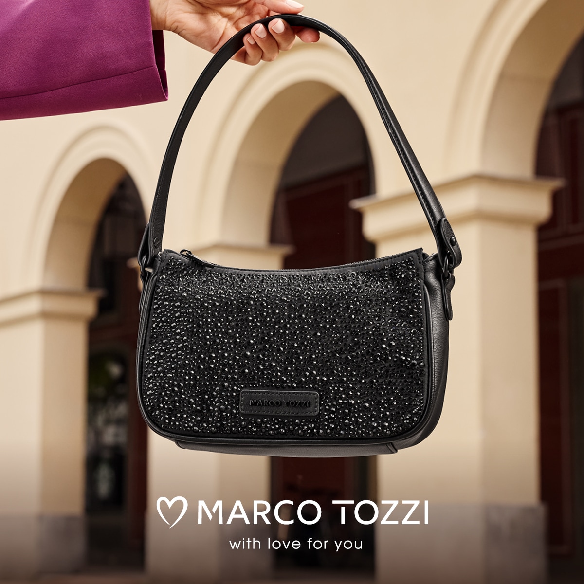 MARCO TOZZI Umhängetasche, Damen Schultertasche, Abendtasche mit funkelnden Strasssteinen