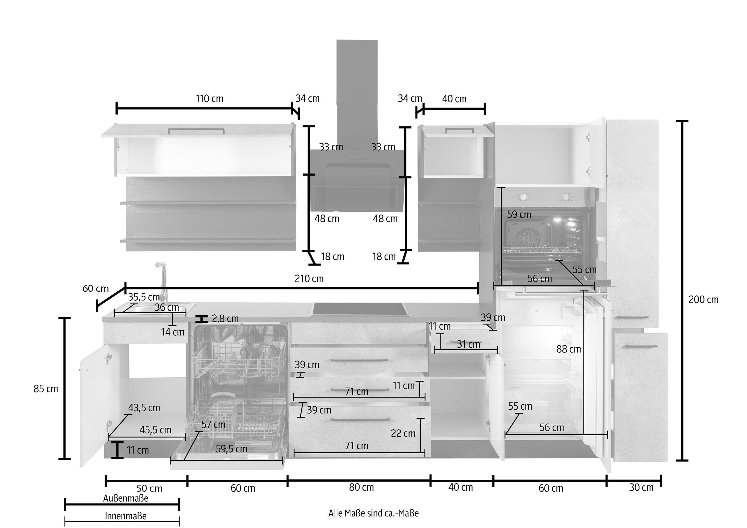 KOCHSTATION Küchenzeile »KS-Tulsa«, mit E-Geräten, Breite 320 cm, schwarze Metallgriffe, MDF Fronten