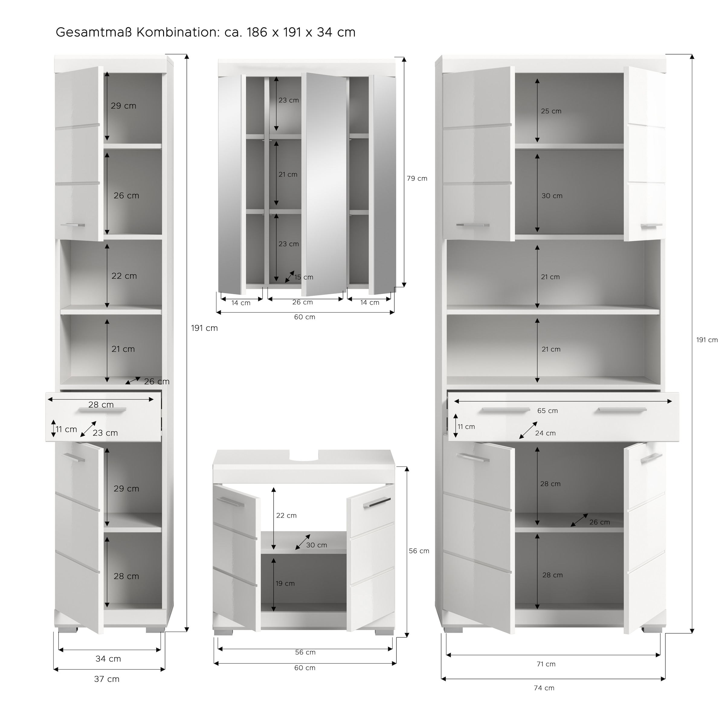 INOSIGN Badmöbel-Set »Siena, 4 teilig, bestehend aus:«, (Set), Hochschrank schmal, WBU, Spiegelschrank, Hochschrank breit