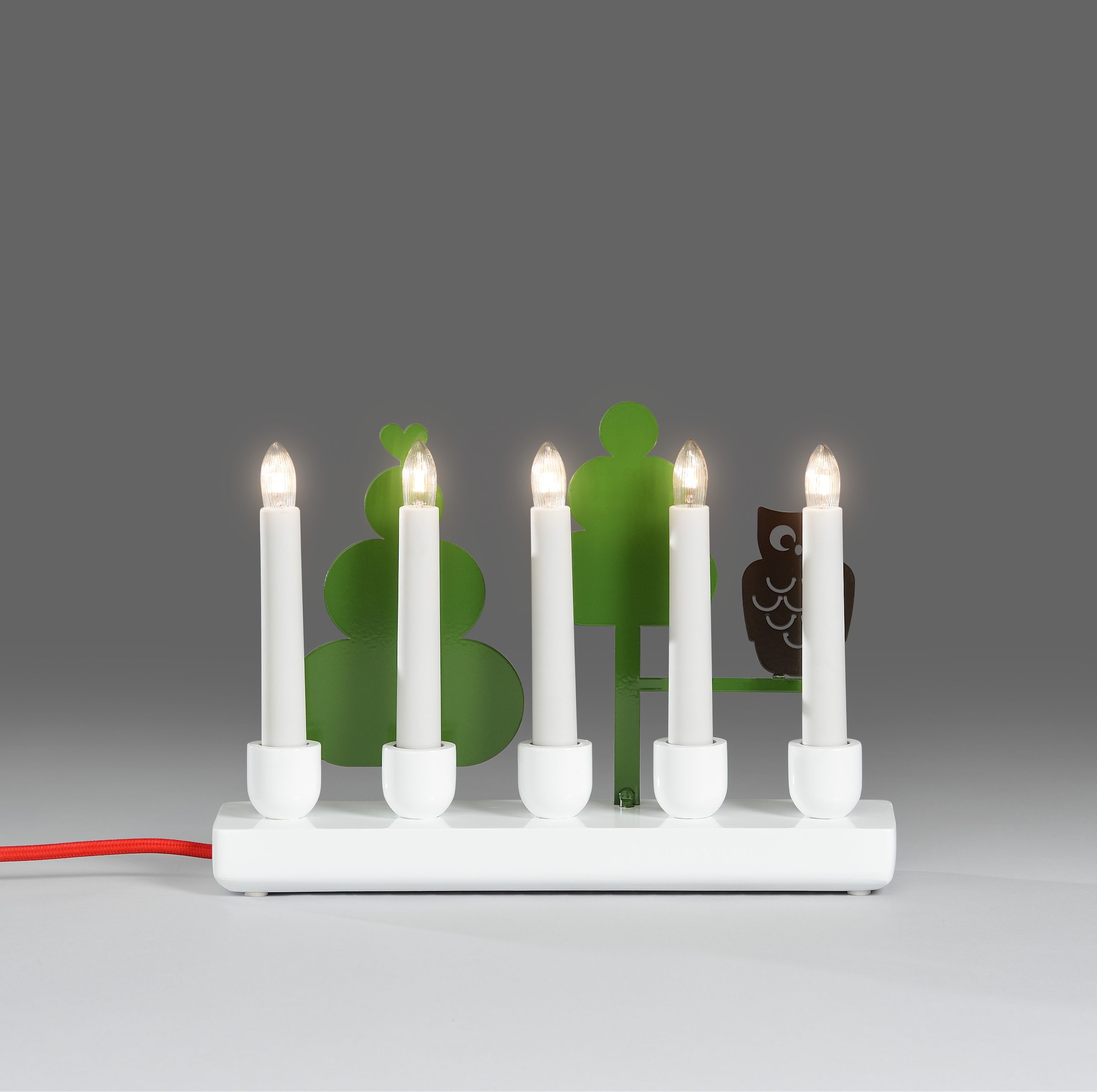 KONSTSMIDE Fensterleuchter »Weihnachtsdeko«, 5 flammig, Leuchtmittel E10 | Leuchtmittel wechselbar, Holzleuchter, weiß lackiert, mit farbiger Metalldekorationen Eule
