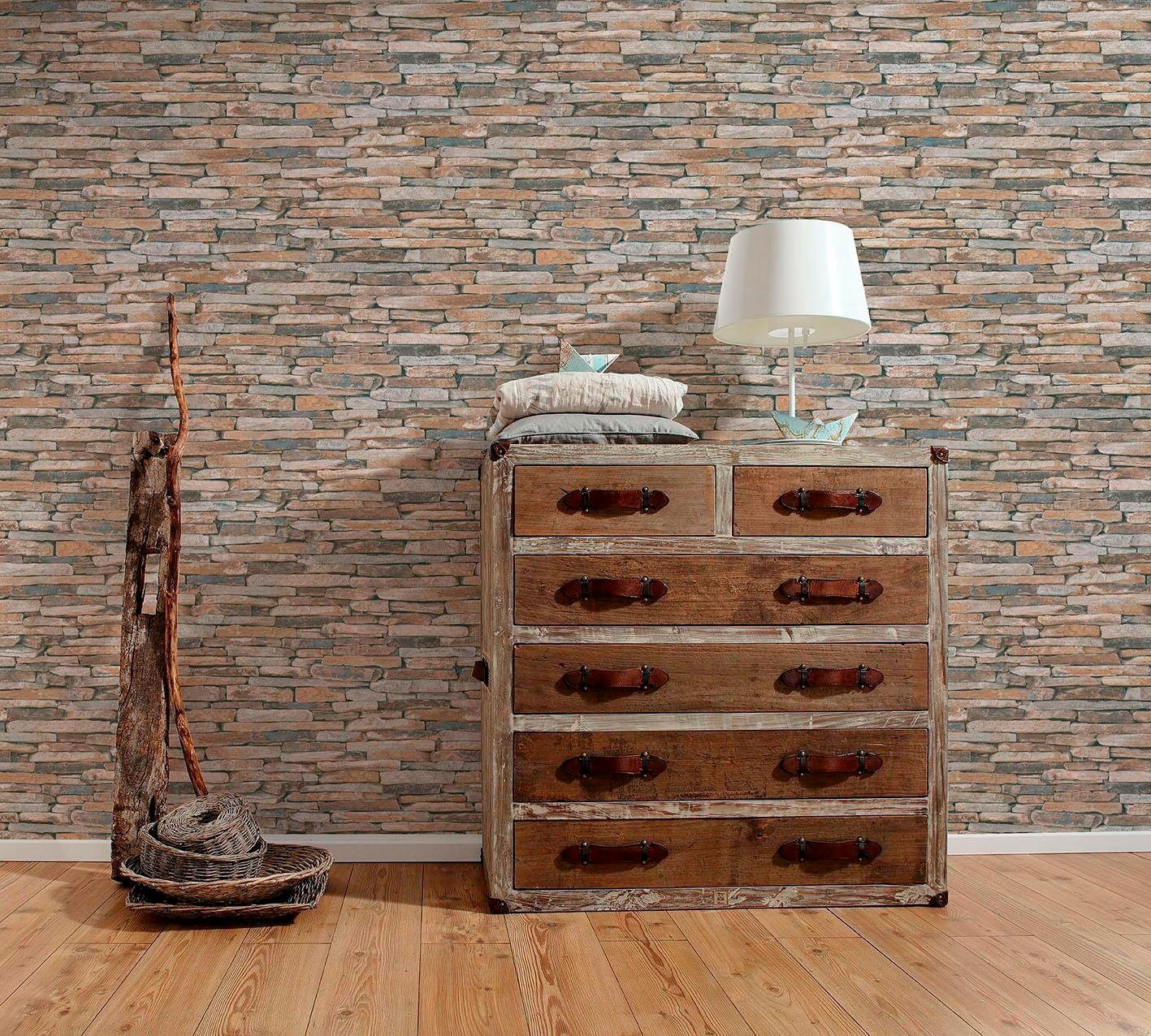 living walls Vliestapete »Best of Wood`n Stone 2nd Edition«, Steinoptik-gemustert-Motiv, Landhaus Tapete Stein Tapeten Wohnzimmer modern Flur Design Wandtapete