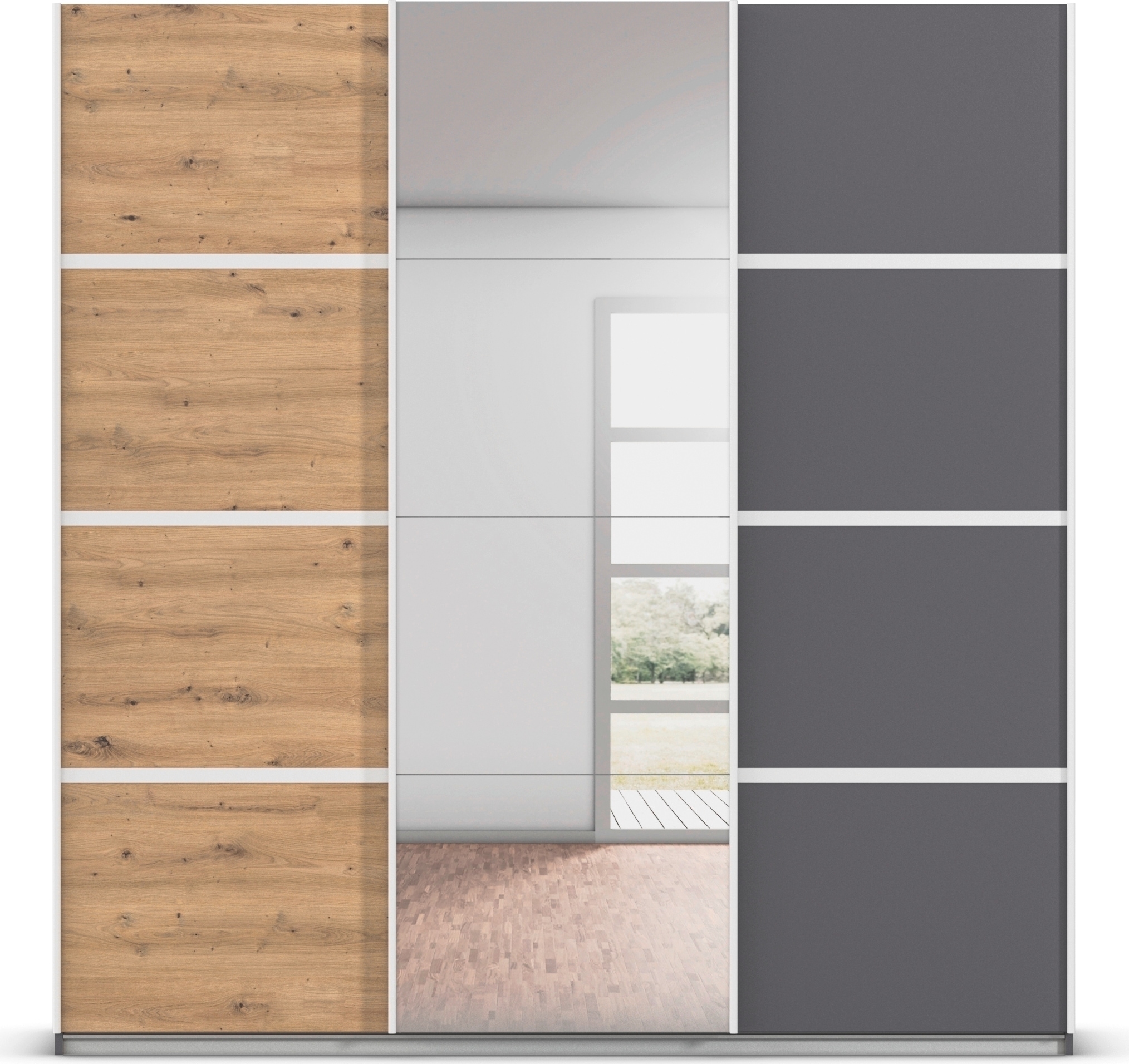 rauch Kleiderschrank »Schwebetürenschrank OTTO´s Choice Garderobe Schrank TOP ANGEBOT Avola«, (in 3 verschiedenen Ausstattungen BASIC/CLASSIC/PREMIUM inkl. Spiegel), mit eleganten Zierleisten in Chrom, Schwarz oder Weiß MADE IN GERMANY