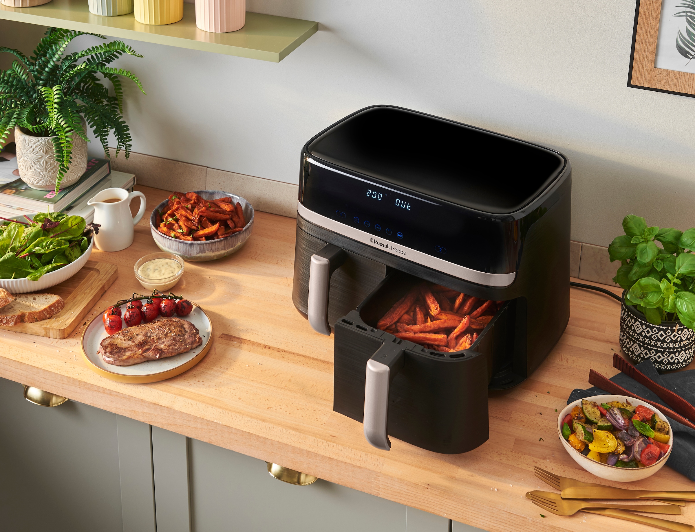 RUSSELL HOBBS Heißluftfritteuse »27680-56 s SatisFryTM Dual basket, 4,5L«, 2800 W, Airfryer–wenig oder kein Öl erforderlich, 9 Programme, 9 L