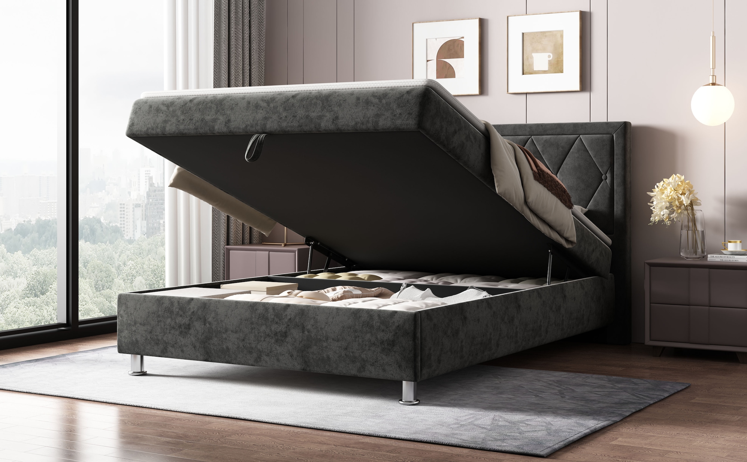 OTTO home Boxbett »EMILLIAN, Polsterbett mit Bettkasten und Taschenfederkernmatratze H3« mit Kaltschaumtopper, Chenille-Bezug, Liegefläche 140x200 cm