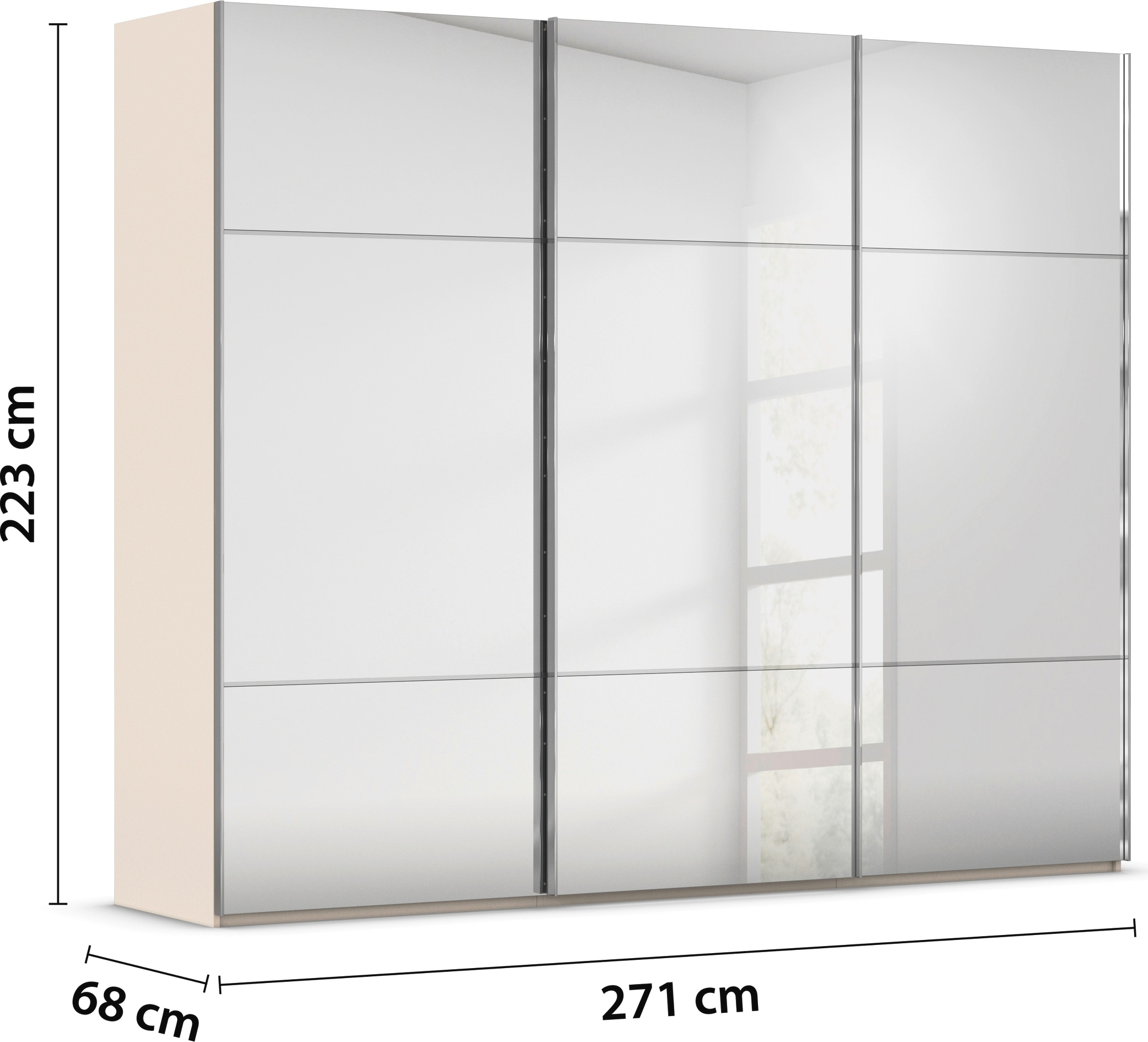 rauch Schwebetürenschrank »Kleiderschrank Schrank Garderobe Schlafzimmerschrank SCALE-TRIO«, edle dreigeteilte Front mit 2 Zierleisten Spiegelfront MADE IN GERMANY
