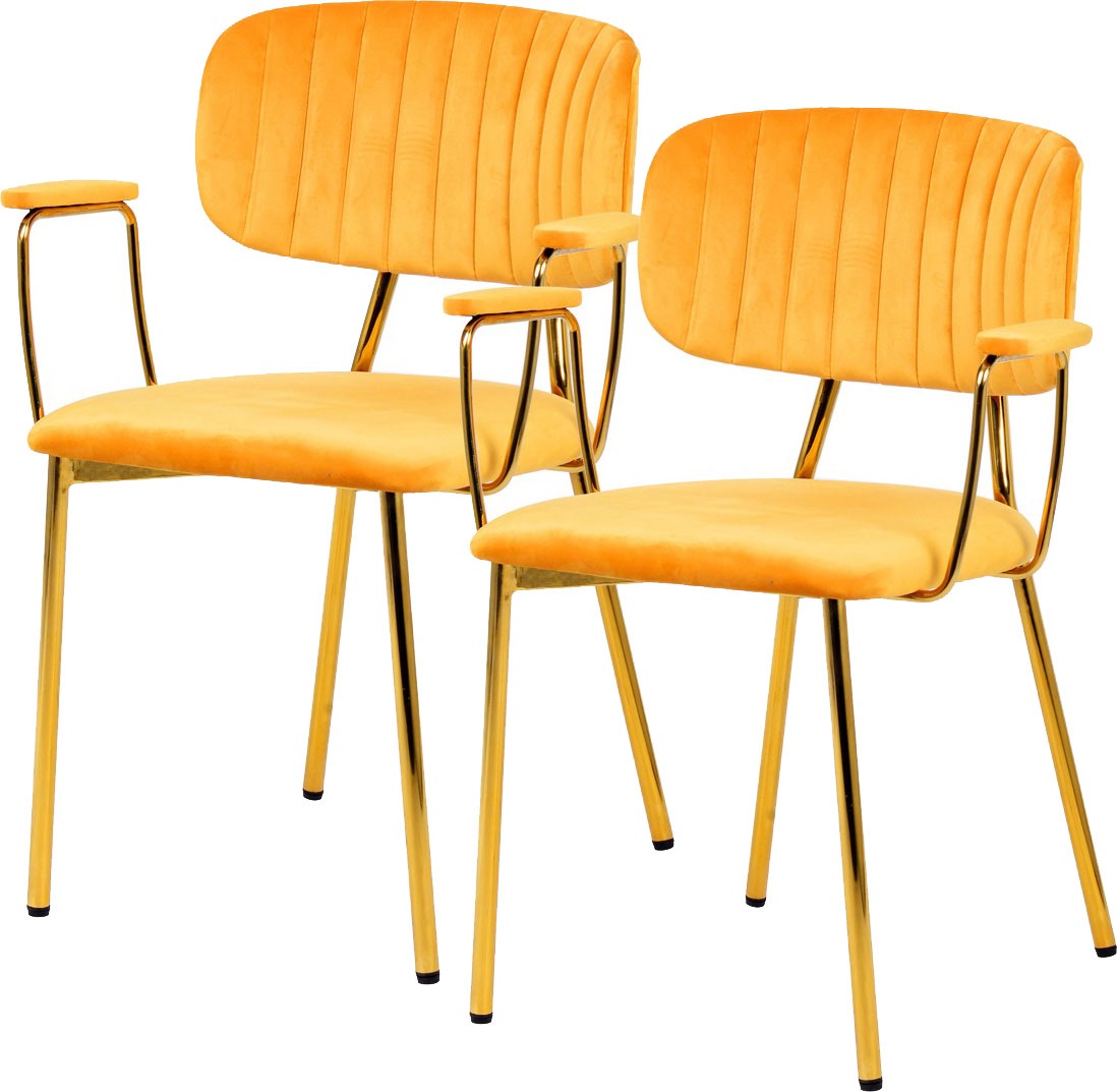 Kayoom Polsterstuhl »Stuhl Giselle 225 2er-Set, Gestell aus Edelstahl«, (Set), 2 St., mit Armlehnen, goldenes Gestell aus Edelstahl, Samtbezug, Ziernähte