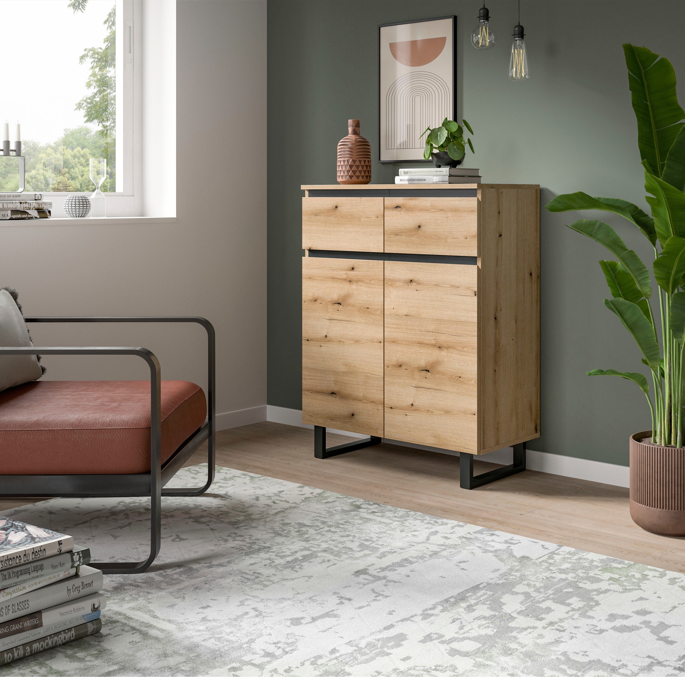 INOSIGN Kommode »TOMA, Höhe: 99cm, mit Metall-Kufen-Fuß, 2 Türen, 2 Schubkästen«, Anrichte, Sideboard, Schrank, Board, Highboard