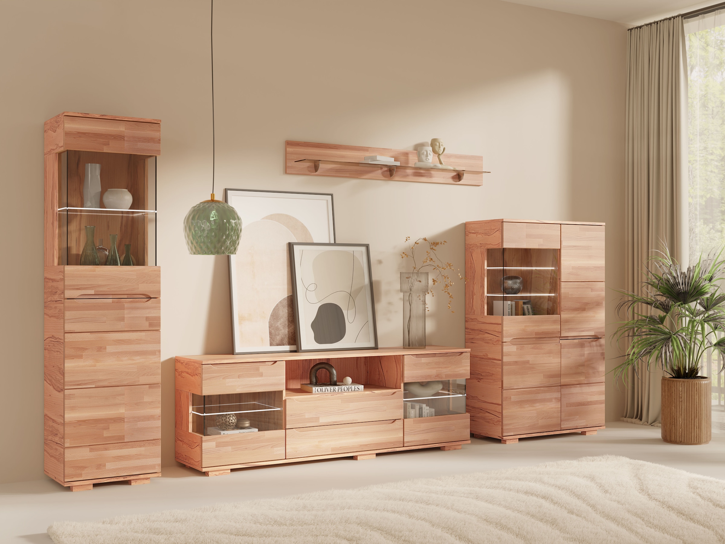 OTTO home Vitrine »VETRO: Fronten aus Massivholz, Korpus aus Melamin,Griffmulden« Kernbuche B/T/H:90/40/145,5cm,6Variable einlegeboden,10 Fächer,Glastür