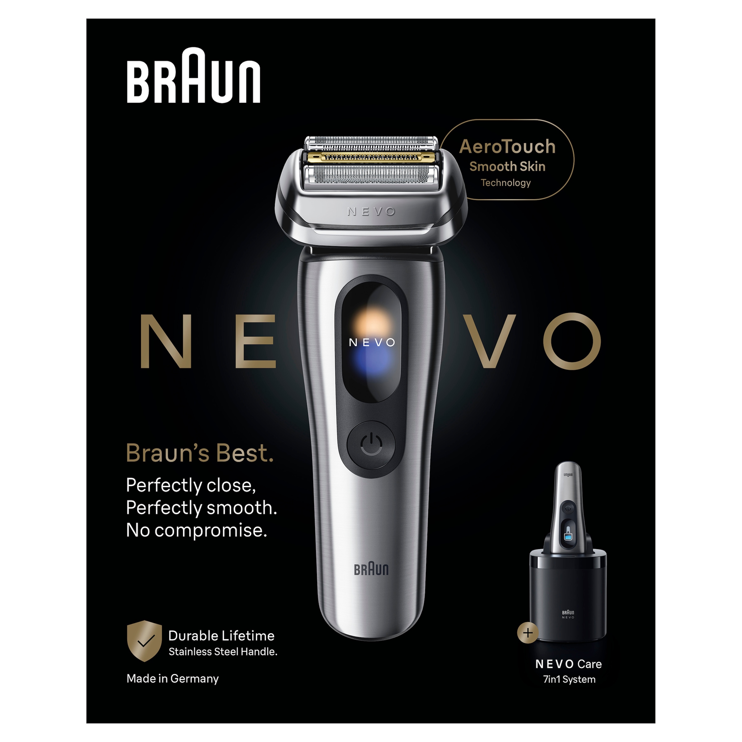 Braun Elektrorasierer »NEVO 15000cc« SmartClean-Plus-Reinigungsstation integrierter Präzisionstrimmer AeroTouch, Smart Display, 7-in-1 Care System, Reiseetui, Silber