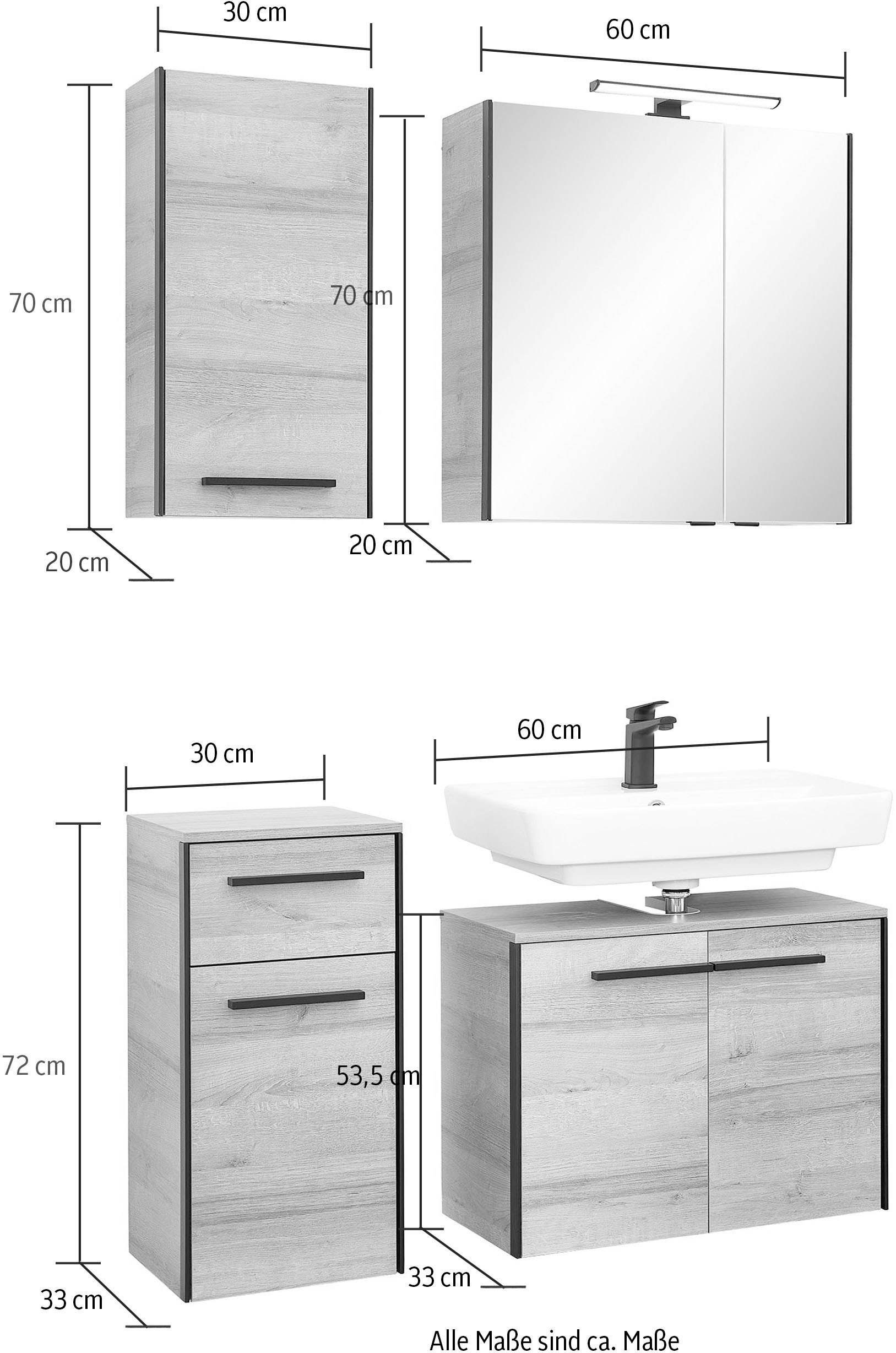 Saphir Badmöbel-Set »Quickset 395 4-teilig, Waschbeckenunterschrank mit LED-Spiegelschrank«, (4 St.), Unterschrank, Hängeschrank inkl. Türdämpfer, 6 Türen, 1 Schublade
