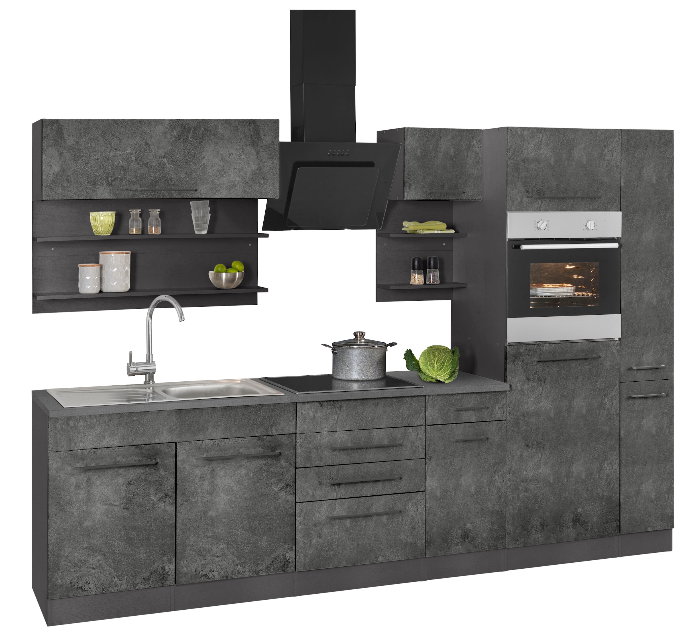 KOCHSTATION Küchenzeile »KS-Tulsa«, ohne E-Geräte, Breite 300 cm, schwarze Metallgriffe, MDF Fronten
