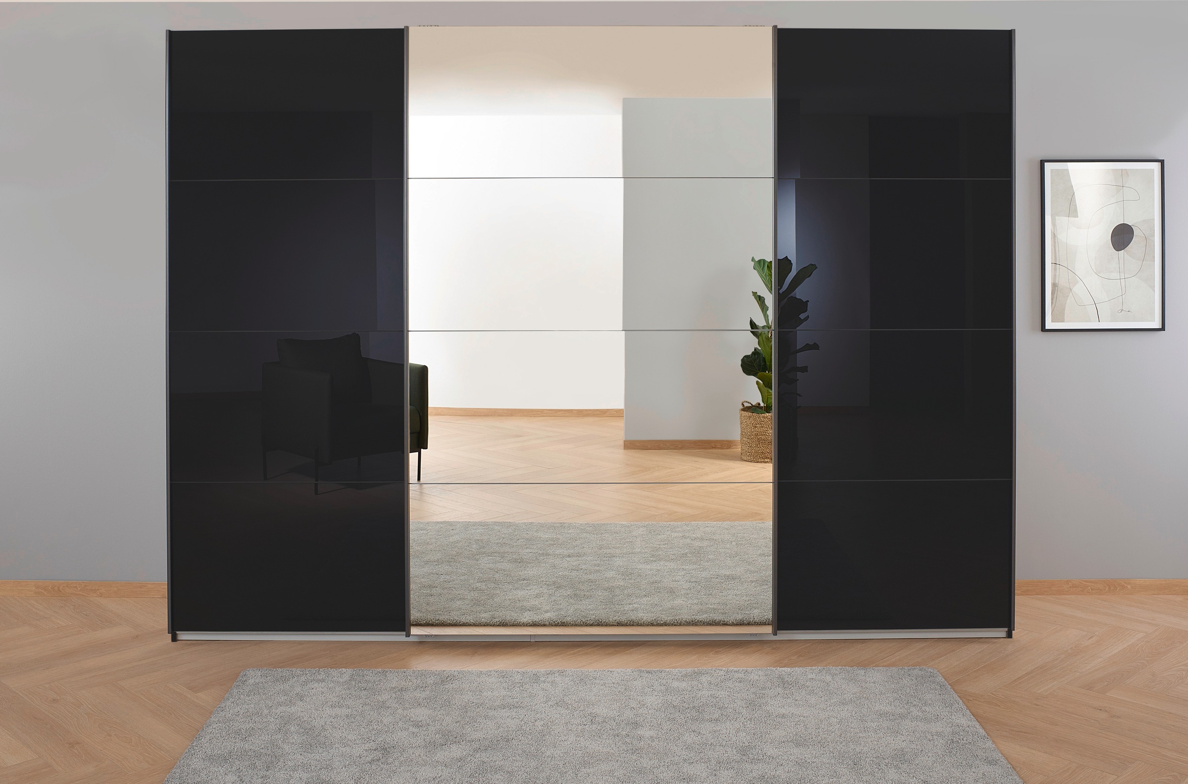 rauch Schwebetürenschrank »Kleiderschrank Schrank Garderobe KOLUNA mit Glastüren und Spiegel«, inkl. 2 Innenschubladen sowie extra Einlegeböden MADE IN GERMANY