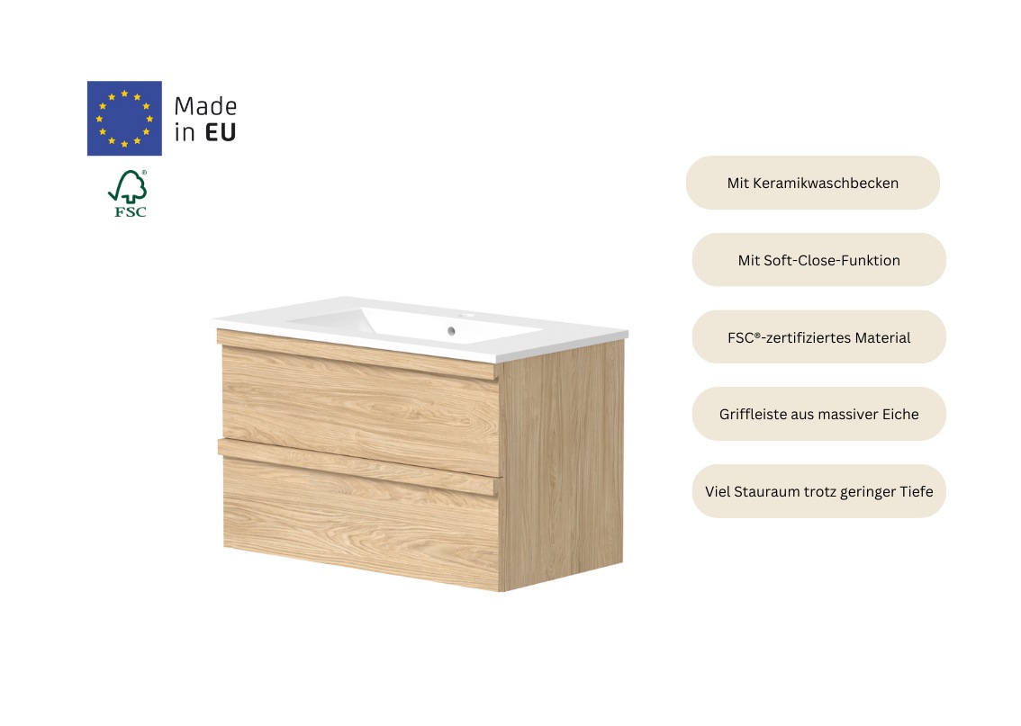 welltime Waschtisch »Pure Badmöbel Set Waschbecken mit Unterschrank«, in verschiedenen Breiten, 2 Schubladen, mit Soft-Close-Funktion, FSC®