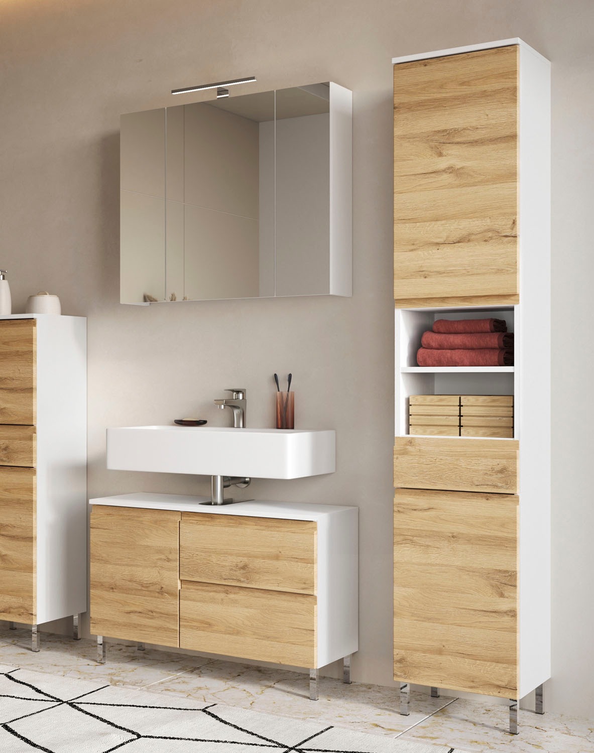 GERMANIA Badmöbel-Set »Torrance«, (3 St.), Waschbecken-Unterschrank, Spiegelschrank mit Beleuchtung, Hochschrank