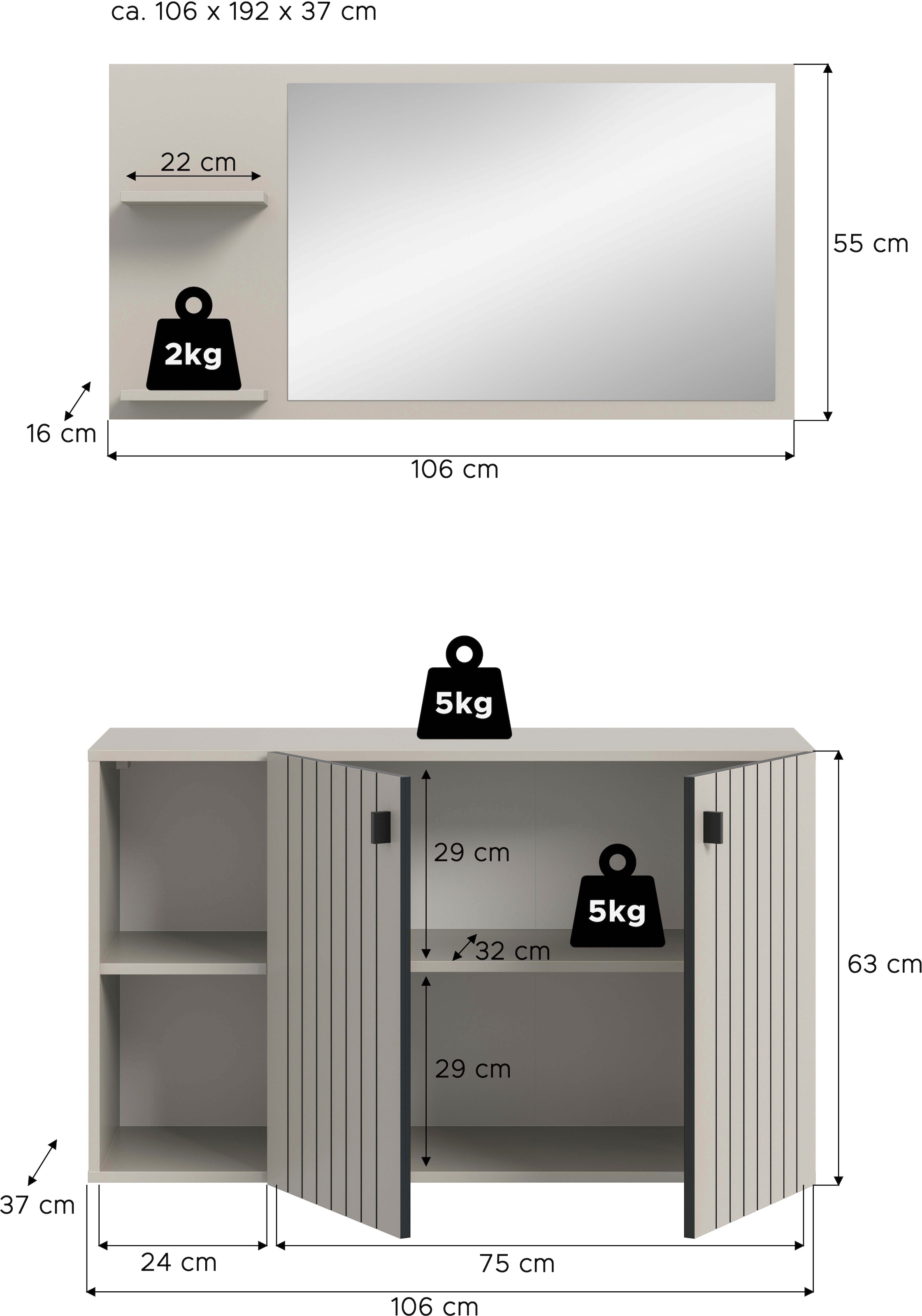 INOSIGN Garderoben-Set »TATIO, 2-tlg. Garderobenkombination, Breite: 106 cm, Rillenfräsung« Set, Set, best. aus: 1 Spiegel, 1 Schuhkommode, 2 Stk. tlg.