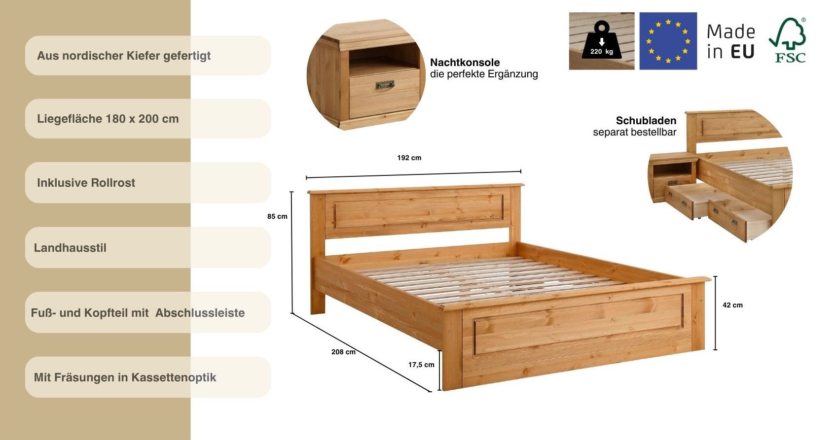 Home affaire Massivholzbett »Madrid, Landhausstil, hohe Belastbarkeit!«, (Breite/Belastbarkeit 180cm/220 KG, 160cm/200 KG, 90cm/=120 KG), aus FSC®-zertifizierter Kiefer, INKLUSIVE Rollrost, Kassettenoptik