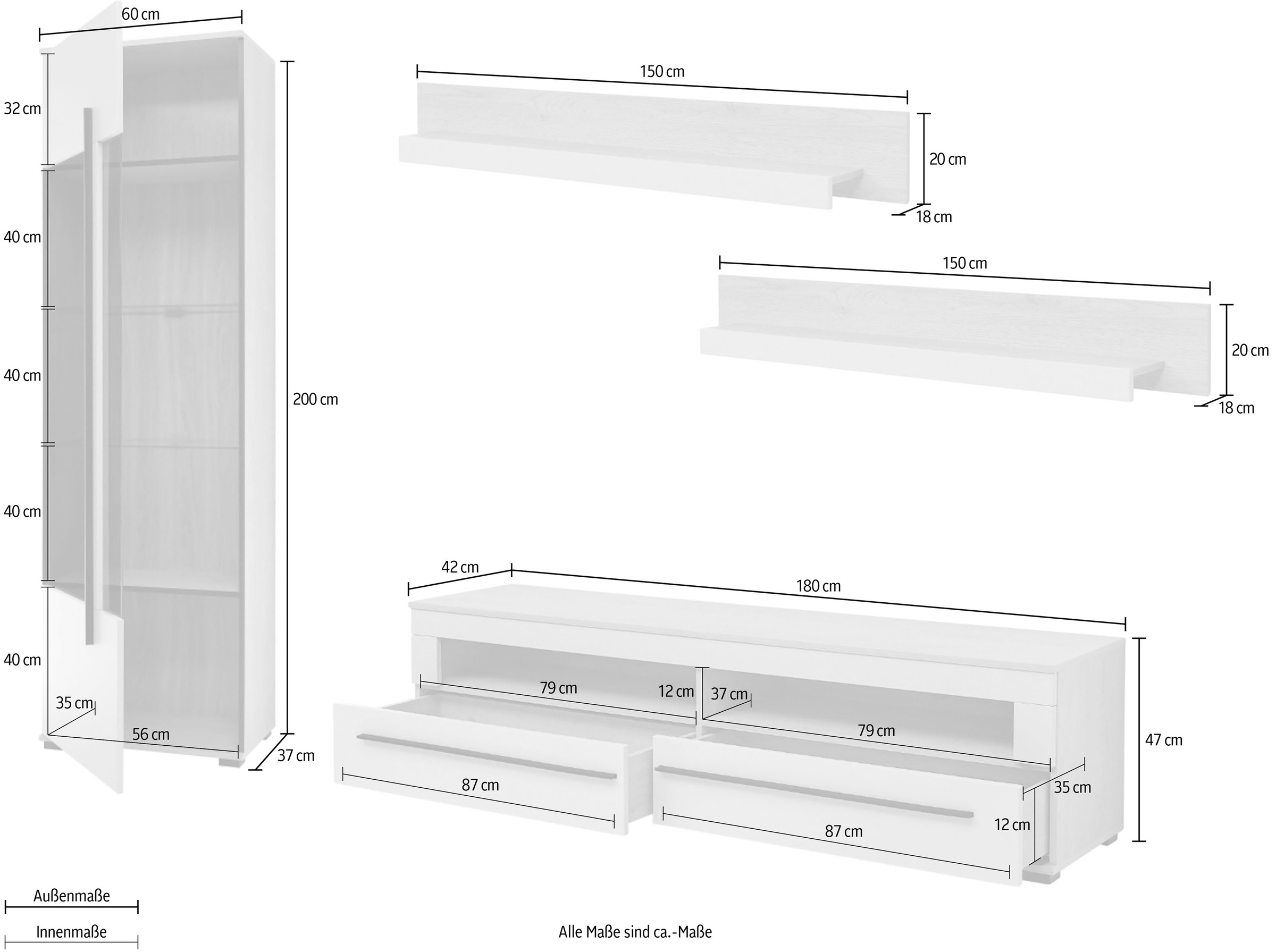 Home affaire Wohnwand »Cantara, Anbauwand, Wohnzimmer-Set, in Eiche Evoke, Weiß oder Kaschmir« Set, 