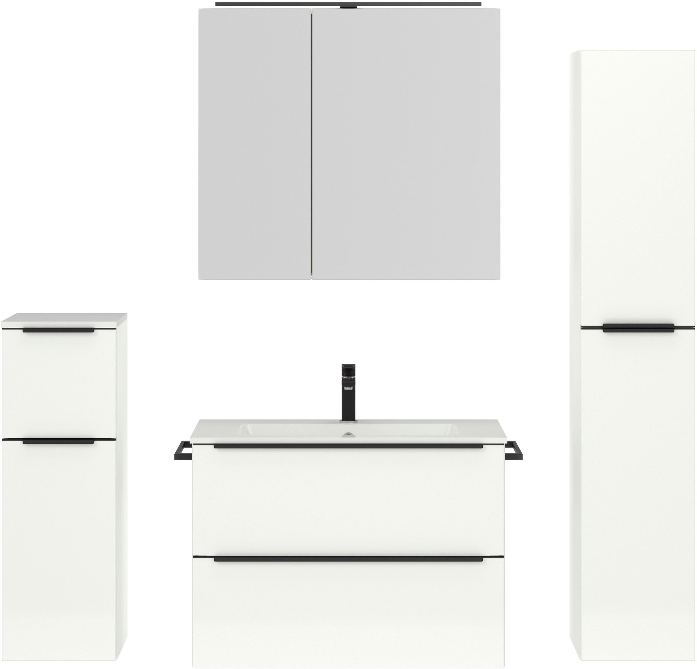 nobilia® Badmöbel-Set »Levere«, (4 St., vormontiert, mit Soft-Close), inkl. Spiegelschrank mit Beleuchtung und Dimmerfunktion, in 4 Breiten