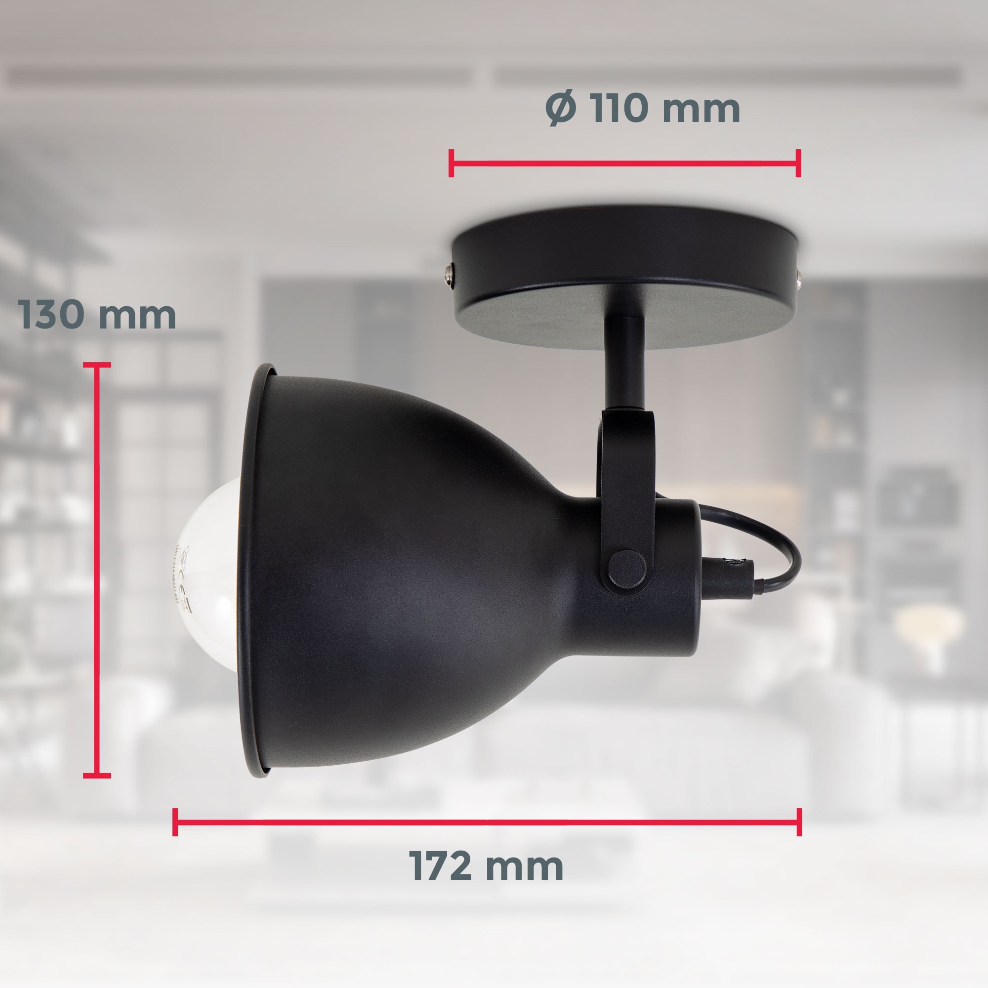 B.K.Licht Wandleuchte »Design-Spotleuchte, Metall, Schwarz, E27-Fassung«, 1 flammig, Leuchtmittel E27 | ohne Leuchtmittel, Schwenkbar, Ø13cm, ohne Leuchtmittel