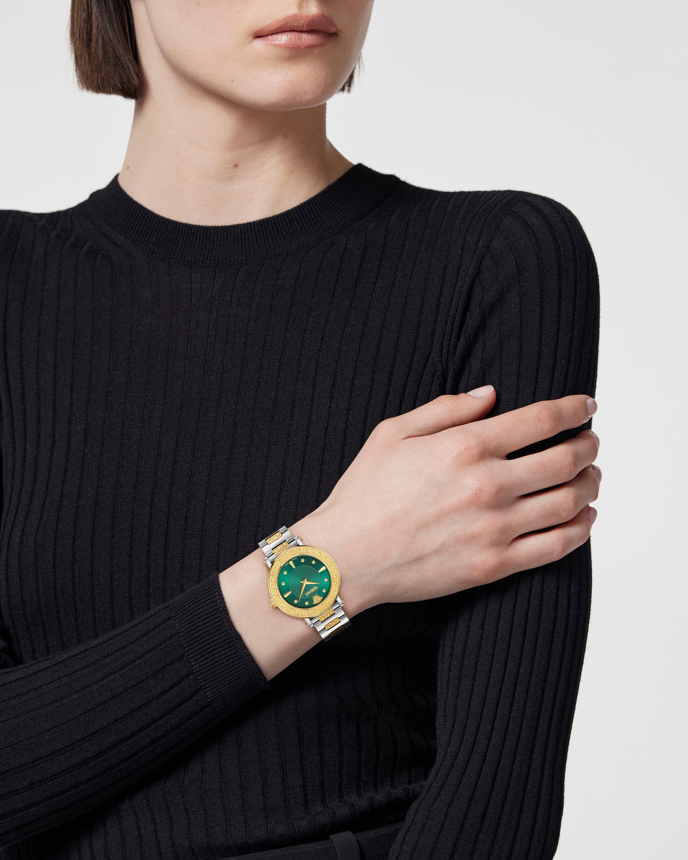 Versace Quarzuhr »GRECA SPHERE«, Armbanduhr, Damenuhr, Swiss Made, Saphirglas, Edelstahlarmband, analog