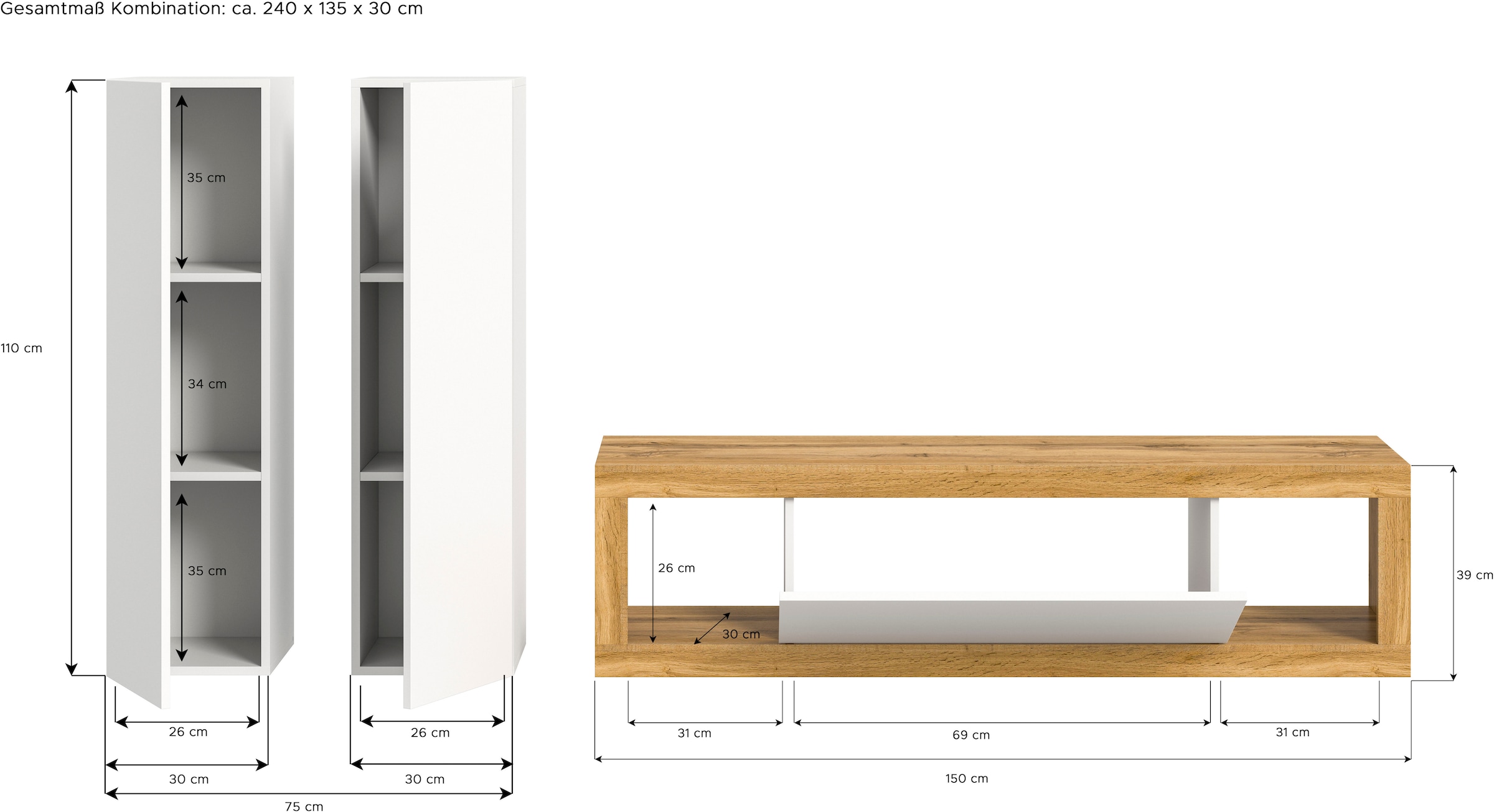INOSIGN Wohnwand »Trinity,Breite 240 cm, 1 Lowboard (stehend und hängend montierbar),«, (3 St.), 2 Hängeschränke, Wohnwand, Wohnkombination, Mediawand