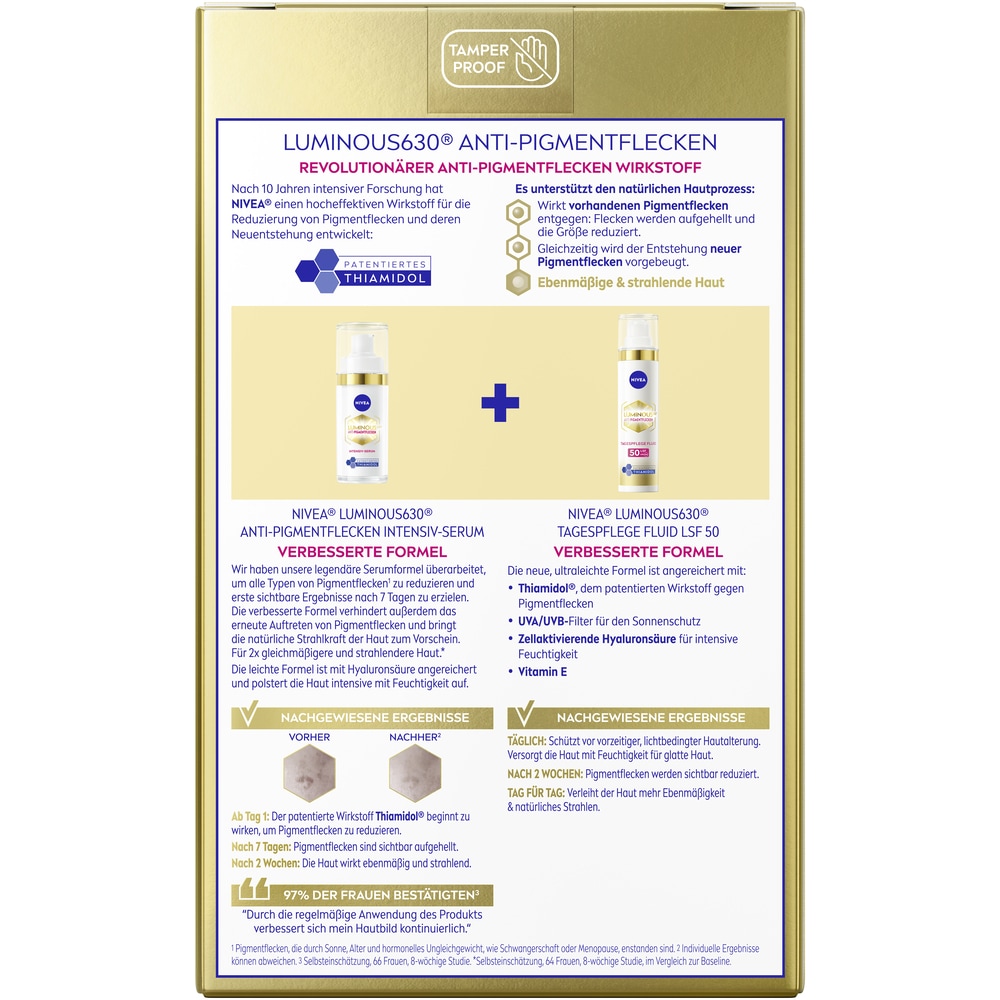 Nivea Pflege-Set »LUMINOUS630 Anti-Pigmentflecken Tagespflege + Intensiv Serum« Für alle Hauttypen, mattiert die Haut, LSF 50.