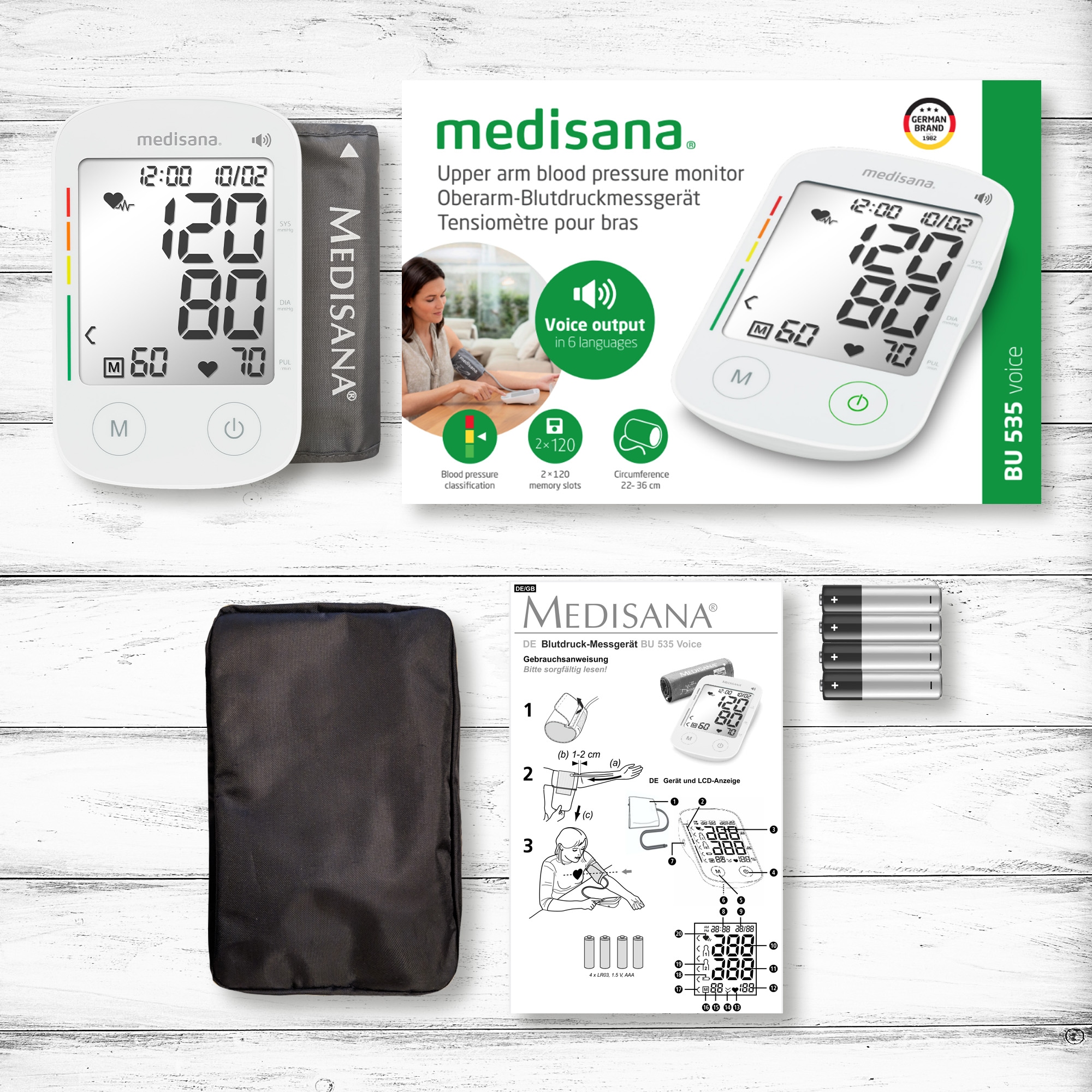 Medisana Oberarm-Blutdruckmessgerät »BU 535 Voice« Sprachausgabe, unregelmäßige Herzschlaganzeige, Je 120 Speicherplätze