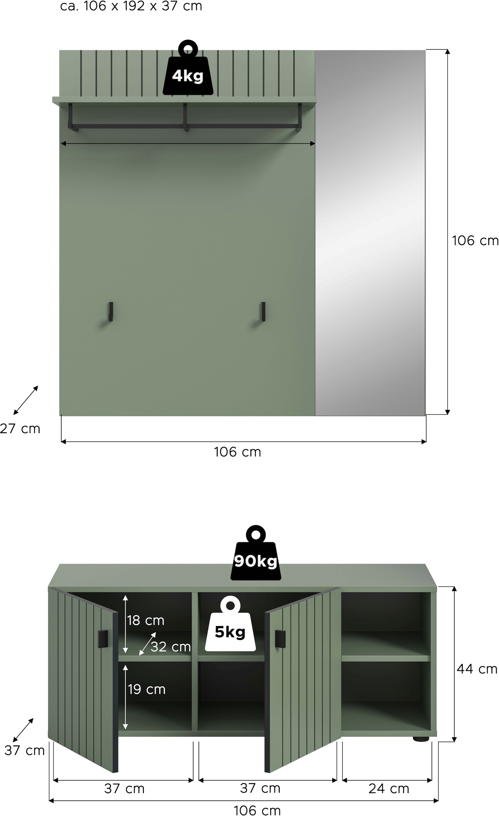 INOSIGN Garderoben-Set »TATIO, 2-tlg. Garderobenkombination, Breite: 106 cm, Rillenfräsung« Set, Set, best. aus: 1Garderobenpaneel, 1 Garderobensitzbank, 2 Stk. tlg.