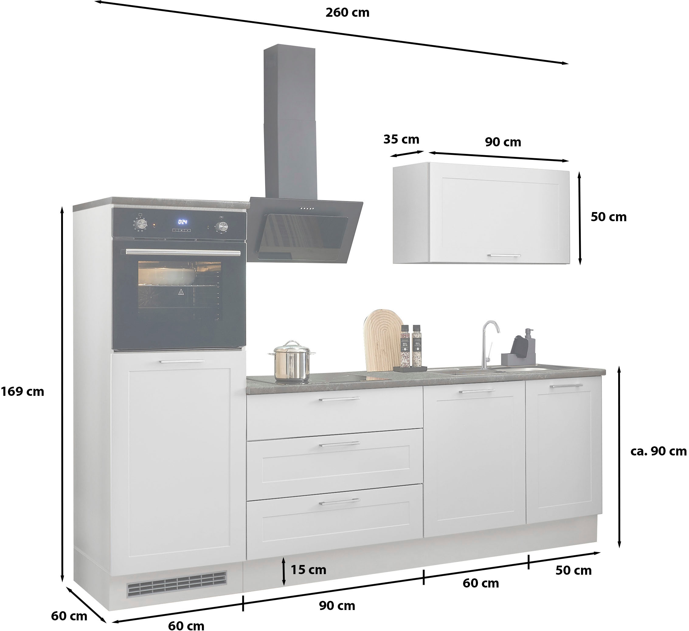 BASIC by Balculina Küchenzeile »Marsi«, Breite 260 cm, wahlweise mit E-Geräten, mit Soft-Close-Funktion