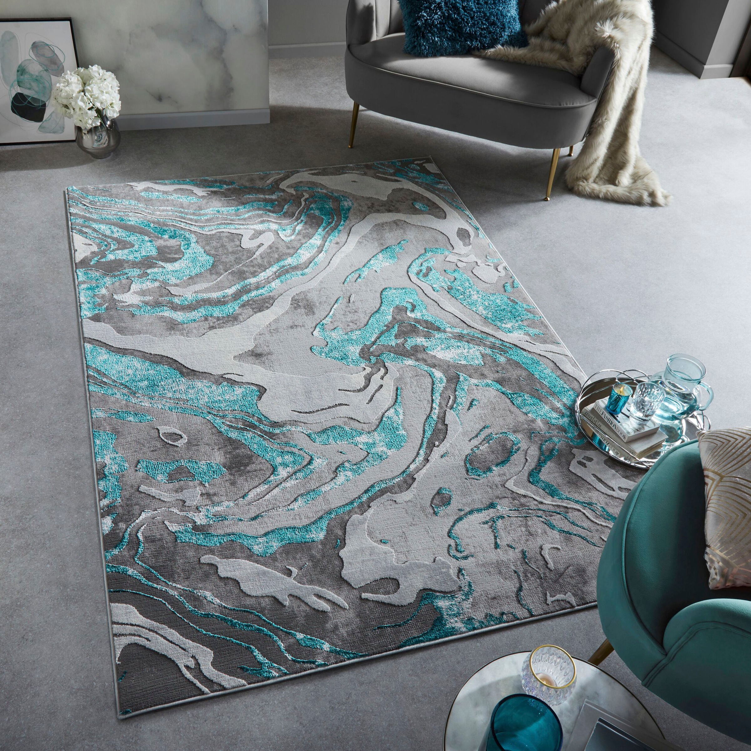 FLAIR RUGS Teppich »Marbled«, rechteckig, 12 mm Höhe, dezenter Glanz, mehrfarbig, modernes Marmor-Design