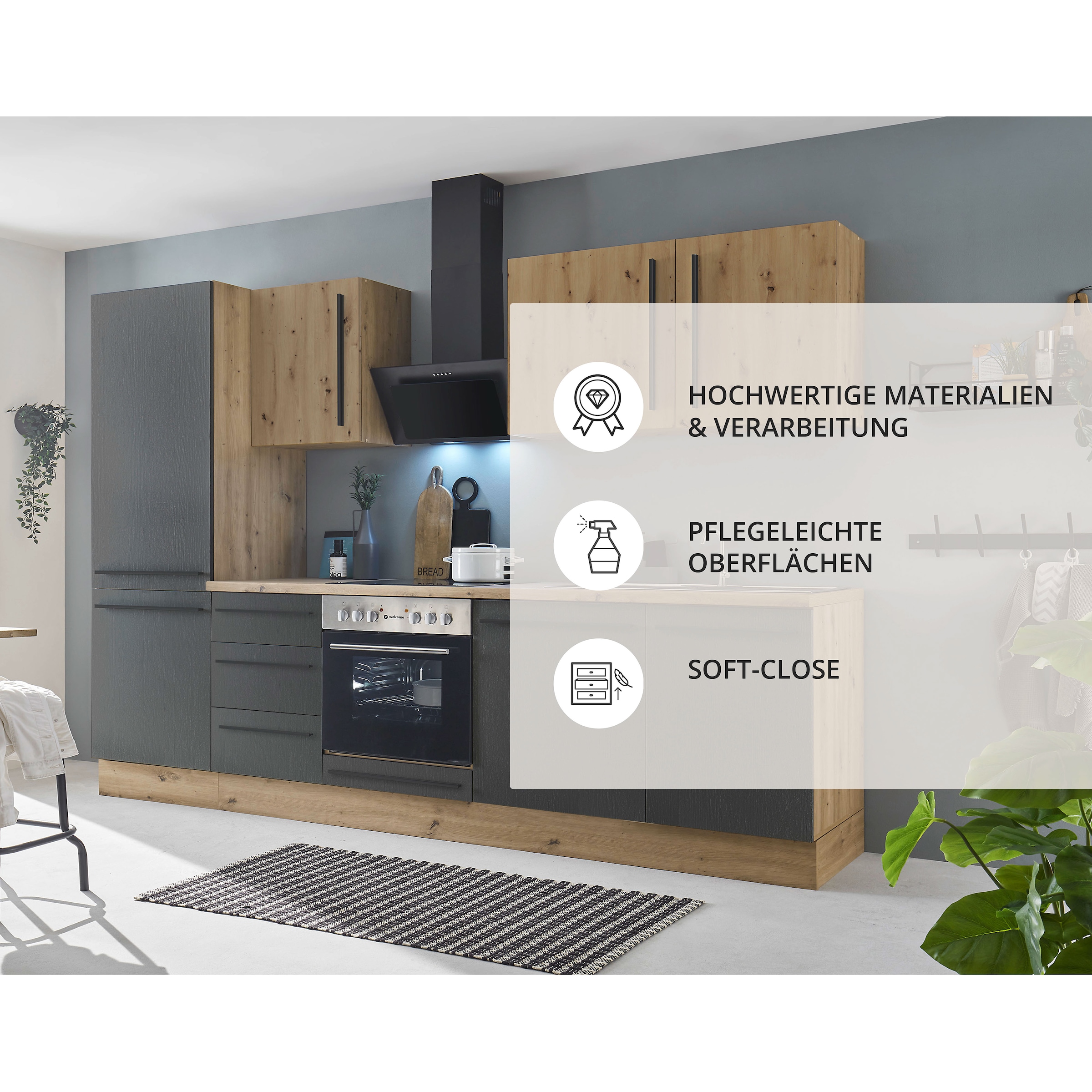 KOCHSTATION Küchenzeile »KS-Florida mit 38mm starker Arbeitsplatte«, Breite 280 cm, wahlweise mit E-Geräten, Soft-Close-Funktion