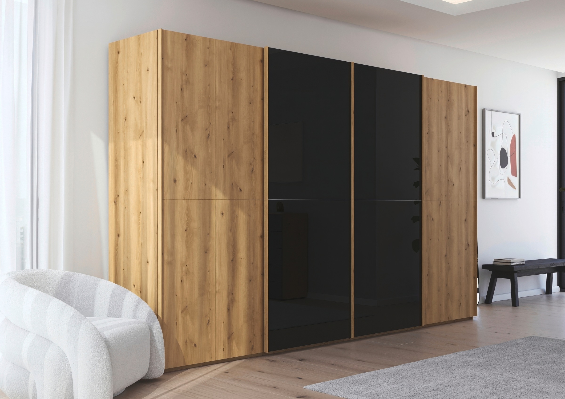 rauch Schwebetürenschrank »Kleiderschrank Schrank Garderobe Schlafzimmerschrank SCALE-WOOD«, edle geteilte Front in massiver Asteiche mit Glastüren MADE IN GERMANY