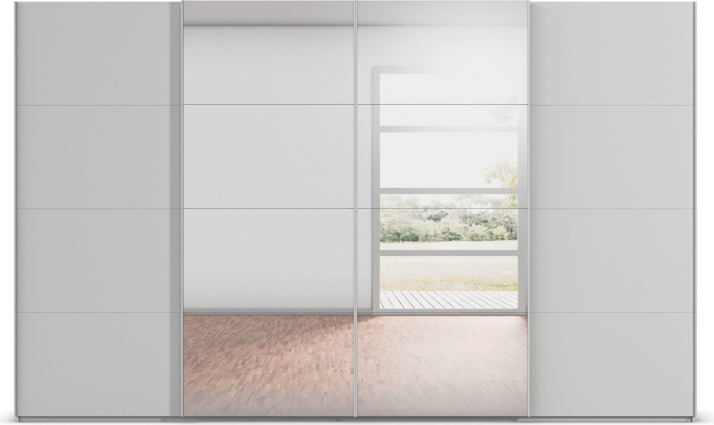 rauch Schwebetürenschrank »Kleiderschrank Schrank Garderobe Schlafzimmerschrank SCALE-FYRA«, edle viergeteilte Türen mit Spiegel und vielen Farben MADE IN GERMANY