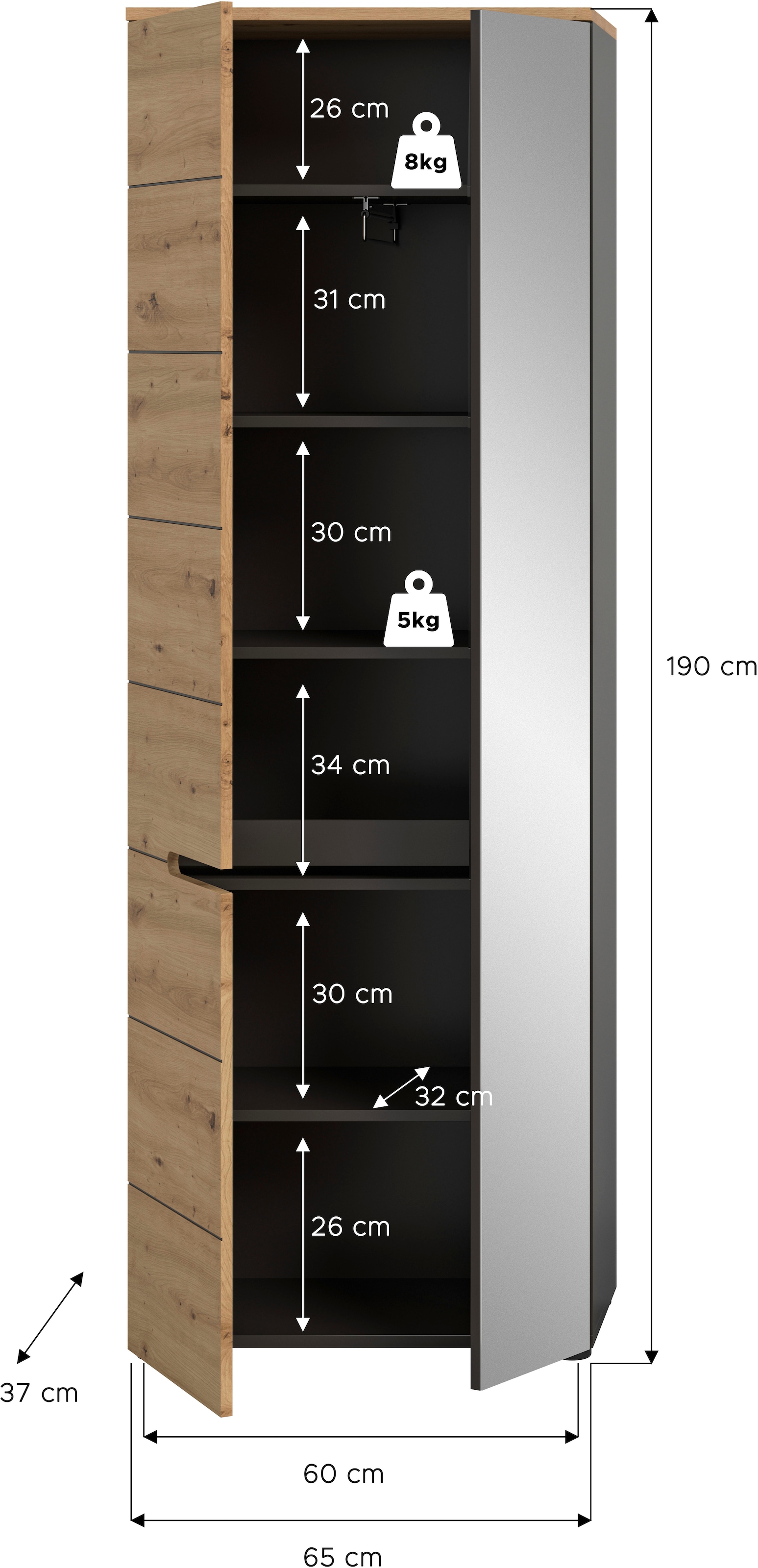 INOSIGN Garderobenschrank »REHAT, TOPSELLER!, Höhe 190cm, 2 Türen, 6 Fächer, 1 Kleiderstange«, Garderobe, Flurschrank, Dielenschrank, Kleiderschrank, Garderobenmöbel