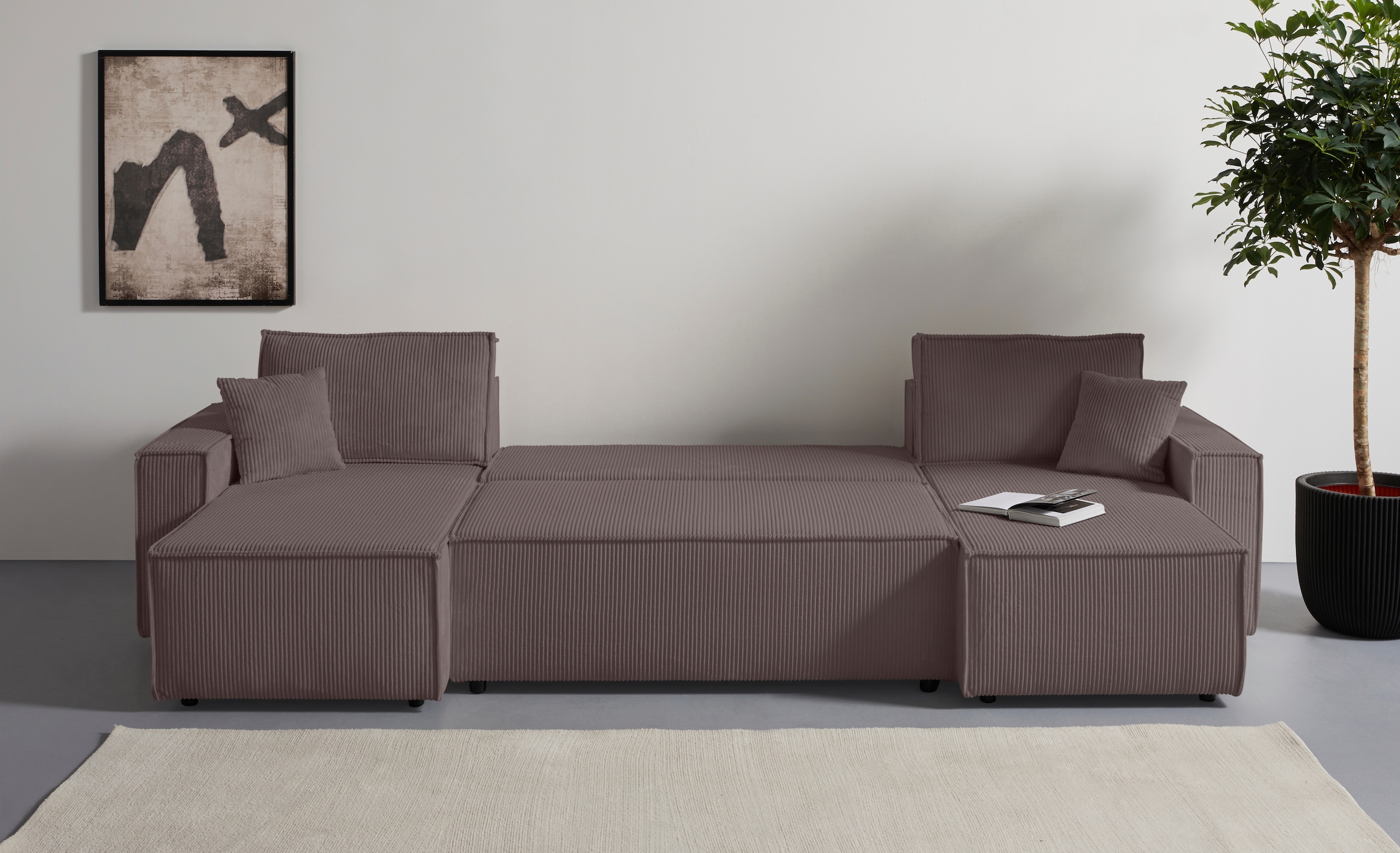 OTTO home Wohnlandschaft »Cassi, 311 cm, U-Form, Schlafsofa, Dauerschläfer, Boxspringfederung«, Schlaffunktion (133/270cm), Bettkasten, Seitentaschen, Cord-Bezug