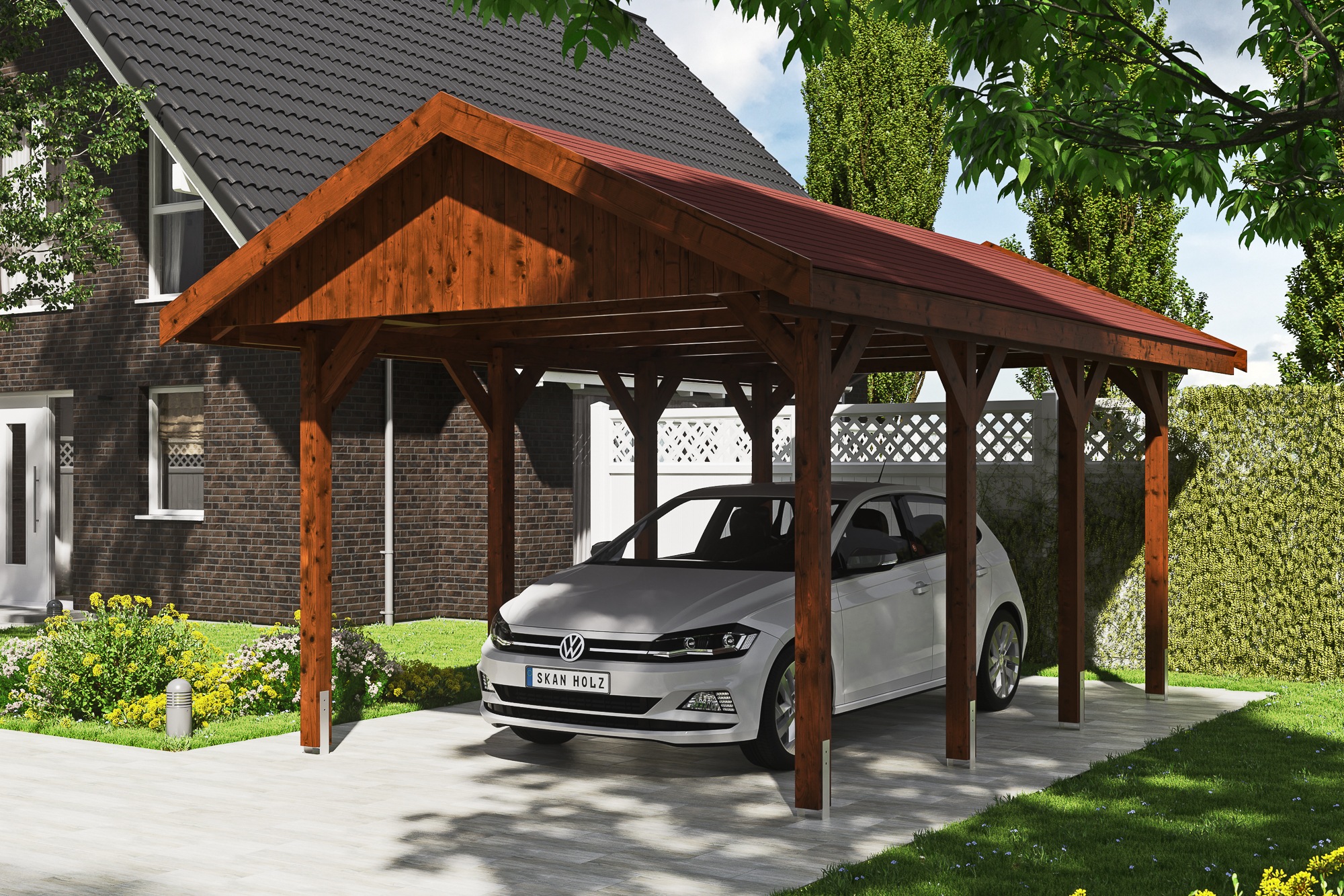 Skanholz Einzelcarport »Wallgau«, 291 cm, Nussbaum, mit roten Dachschindeln