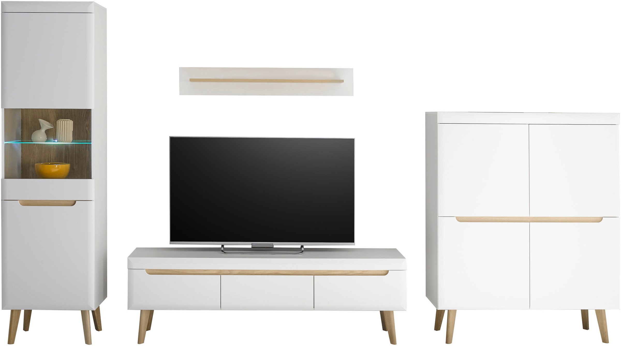INOSIGN Wohnwand »Torge, Anbauwand, Schrankwand, Mediawand, Wohnzimmer-Set«, (Set, 4 St.), enthält 1 Vitrine, 1 Lowboard, 1 Highboard + 1 Wandboard, 360 cm breit