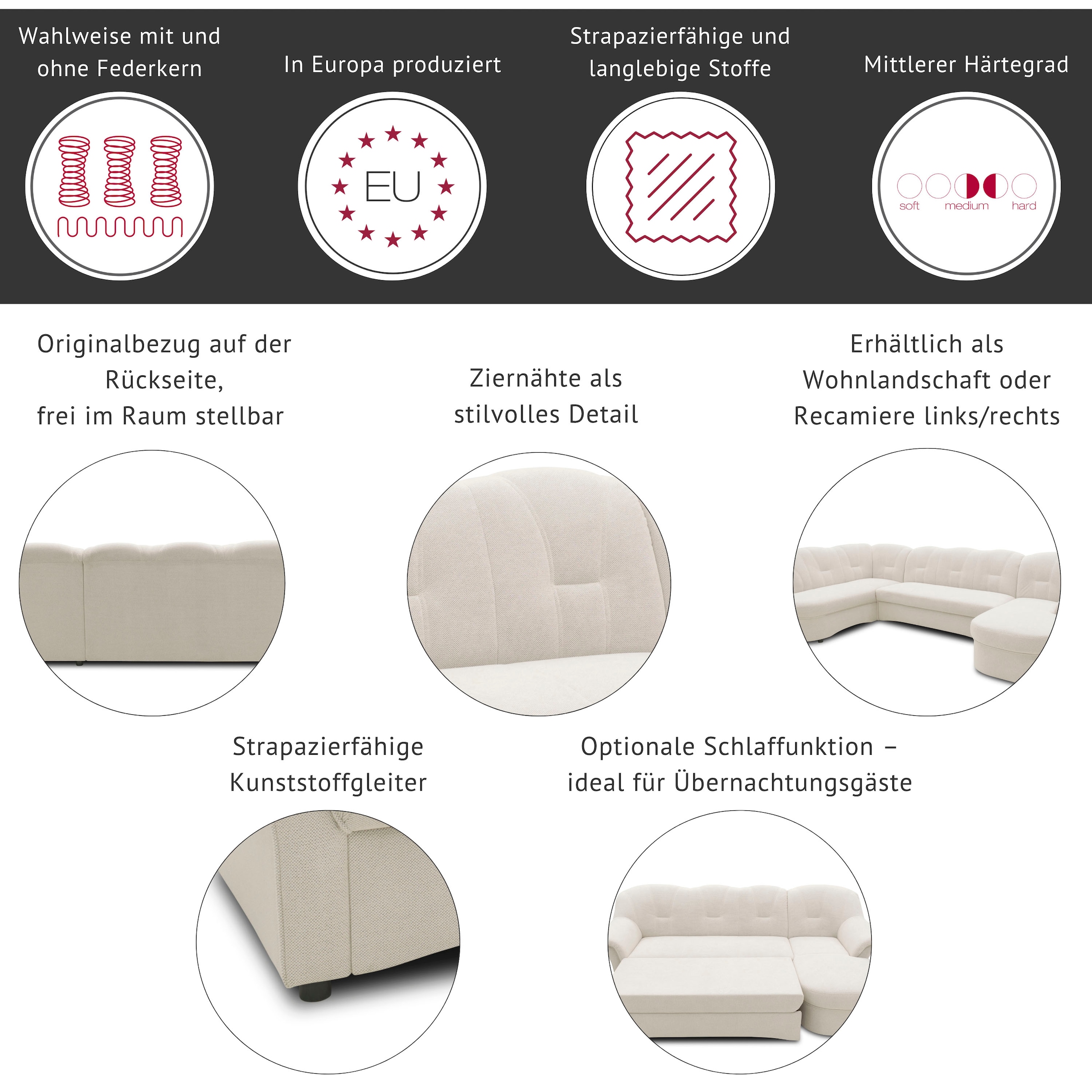 DOMO collection Wohnlandschaft »Flores auch in Leder-Bezug, B/T/H: 293/180/86 cm,  U-Form« wahlweise mit Bettfunktion, wahlweise mit Federkern