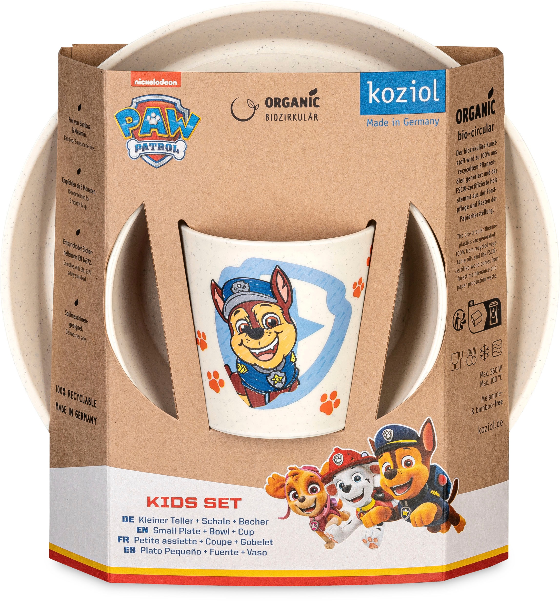 KOZIOL Kindergeschirr-Set »Kleiner Teller + Schale + Becher CONNECT GROW PAW PATROL«, (Set, 3 tlg.), 100% melaminfrei & recycelbar, CO² neutral in Deutschland produziert!